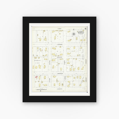 Old map wall art mockup — black gallery frame with white mat — Sanborn Fire Insurance Map from Rushville, Schuyler County, Illinois (1906), Sheet #0006