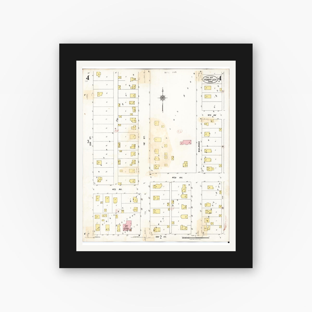 Old map wall art mockup — black gallery frame with white mat — Sanborn Fire Insurance Map from Hartley, O'Brien County, Iowa (1936), Sheet #0004