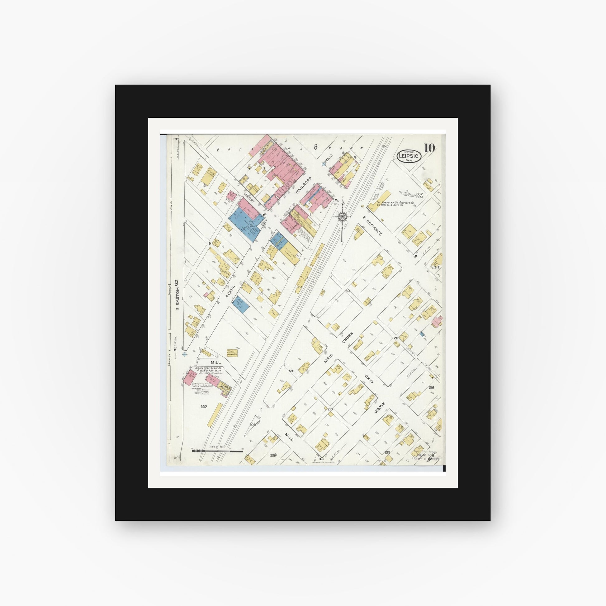 Old map wall art mockup — black gallery frame with white mat — Sanborn Fire Insurance Map from Leipsic, Putnam County, Ohio (1916), Sheet #0010