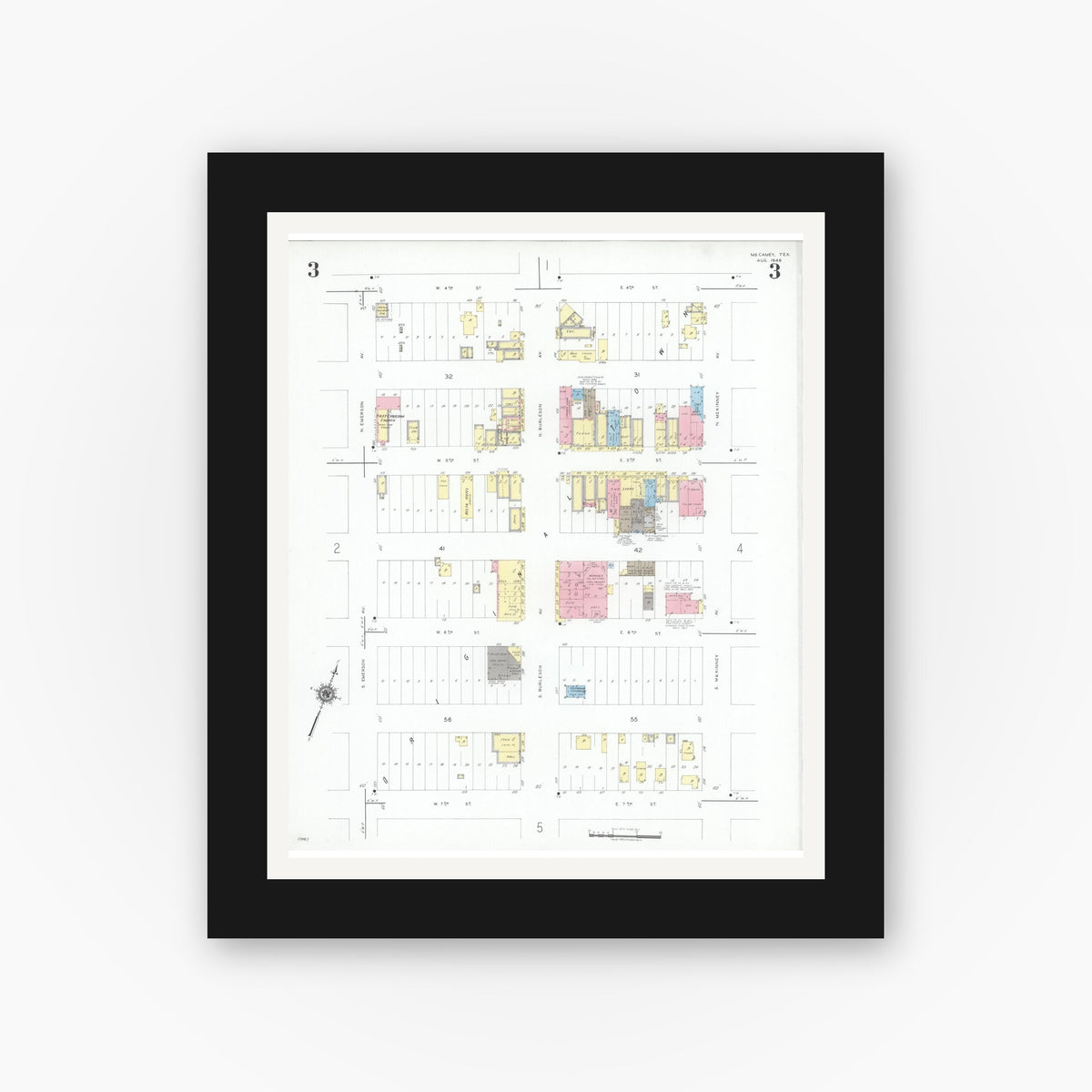 Old map wall art mockup — black gallery frame with white mat — Sanborn Fire Insurance Map from McCamey, Upton County, Texas (1946), Sheet #0003