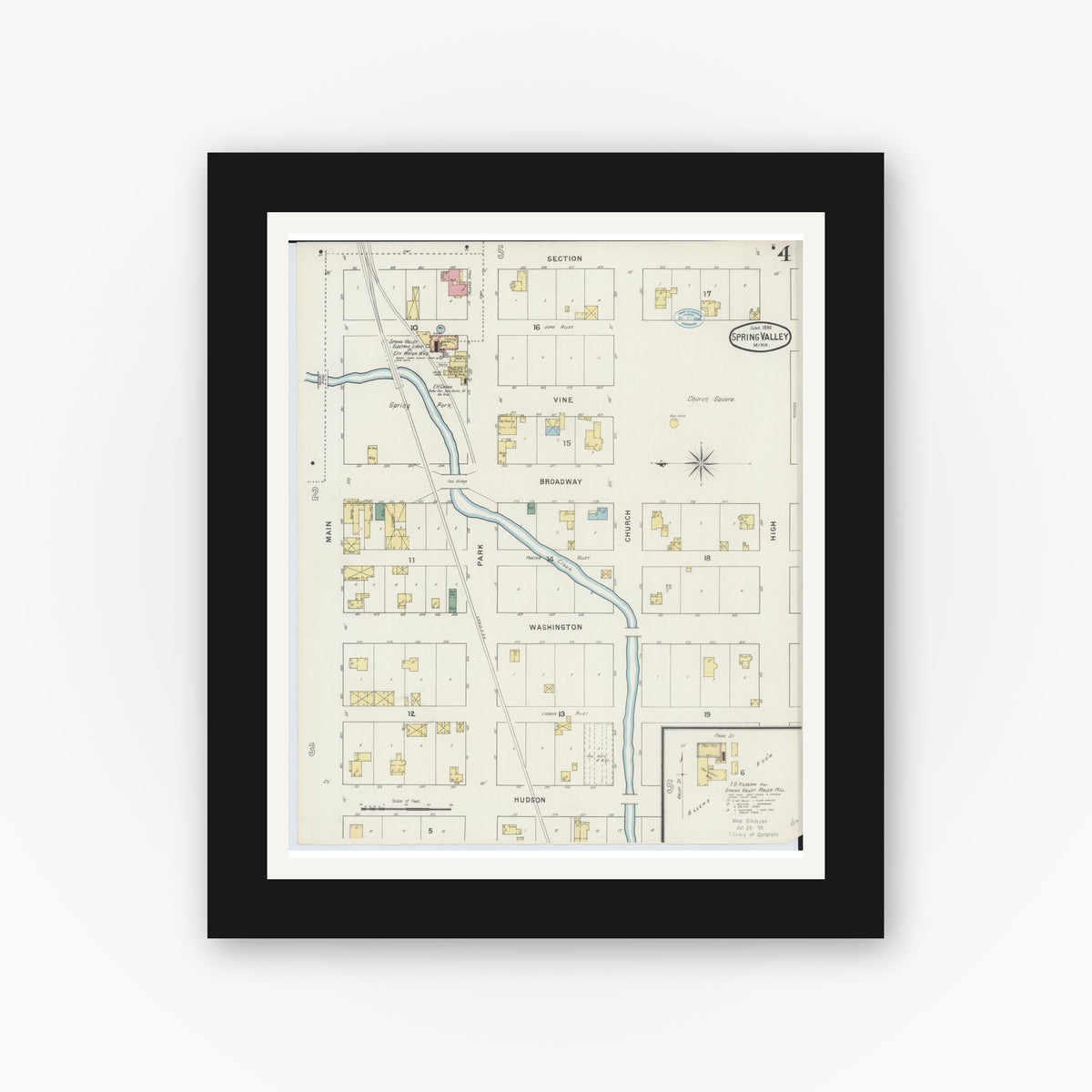 Old map wall art mockup — black gallery frame with white mat — Sanborn Fire Insurance Map from Spring Valley, Fillmore County, Minnesota (1894), Sheet #0004