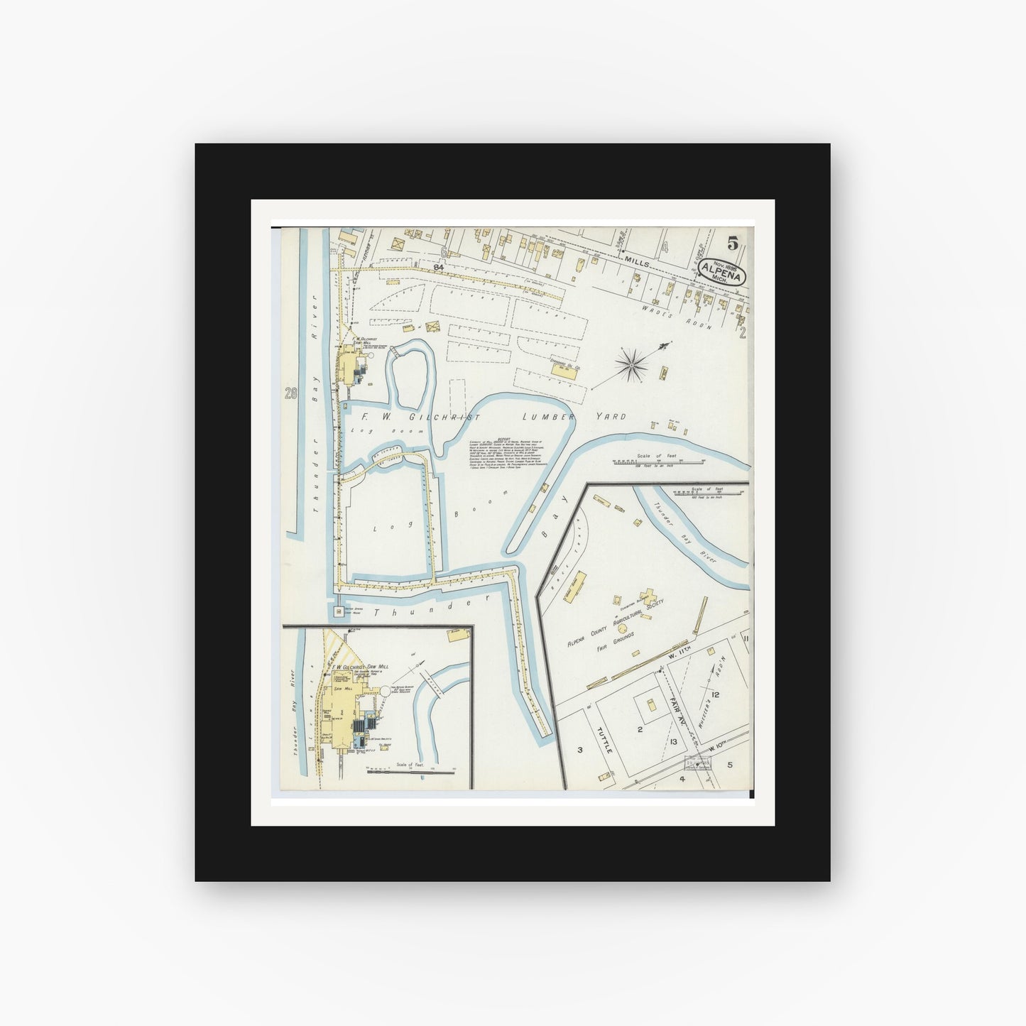 Old map wall art mockup — black gallery frame with white mat — Sanborn Fire Insurance Map from Alpena, Alpena County, Michigan (1895), Sheet #0005