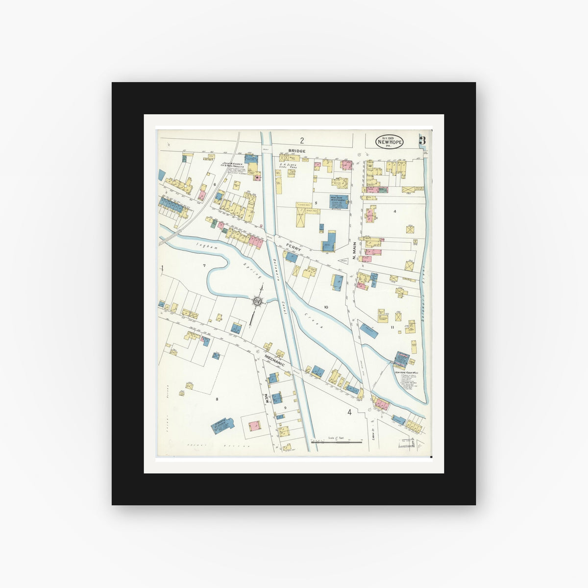 Old map wall art mockup — black gallery frame with white mat — Sanborn Fire Insurance Map from New Hope, Bucks County, Pennsylvania (1909), Sheet #0003