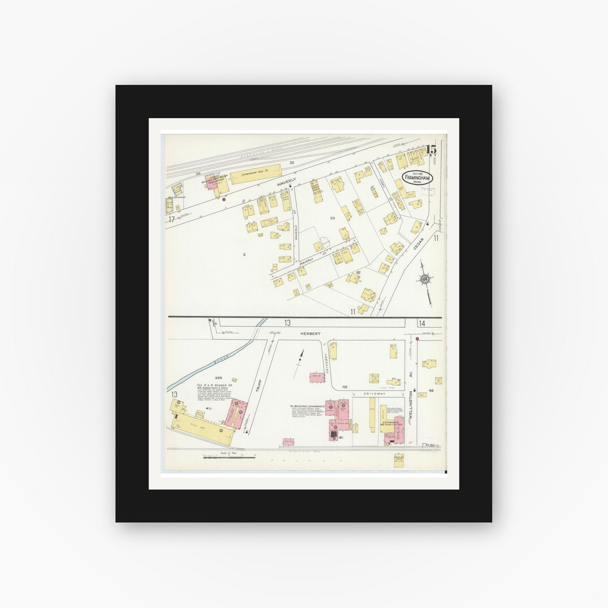 Old map wall art mockup — black gallery frame with white mat — Sanborn Fire Insurance Map from Framingham, Middlesex County, Massachusetts (1915), Sheet #0015