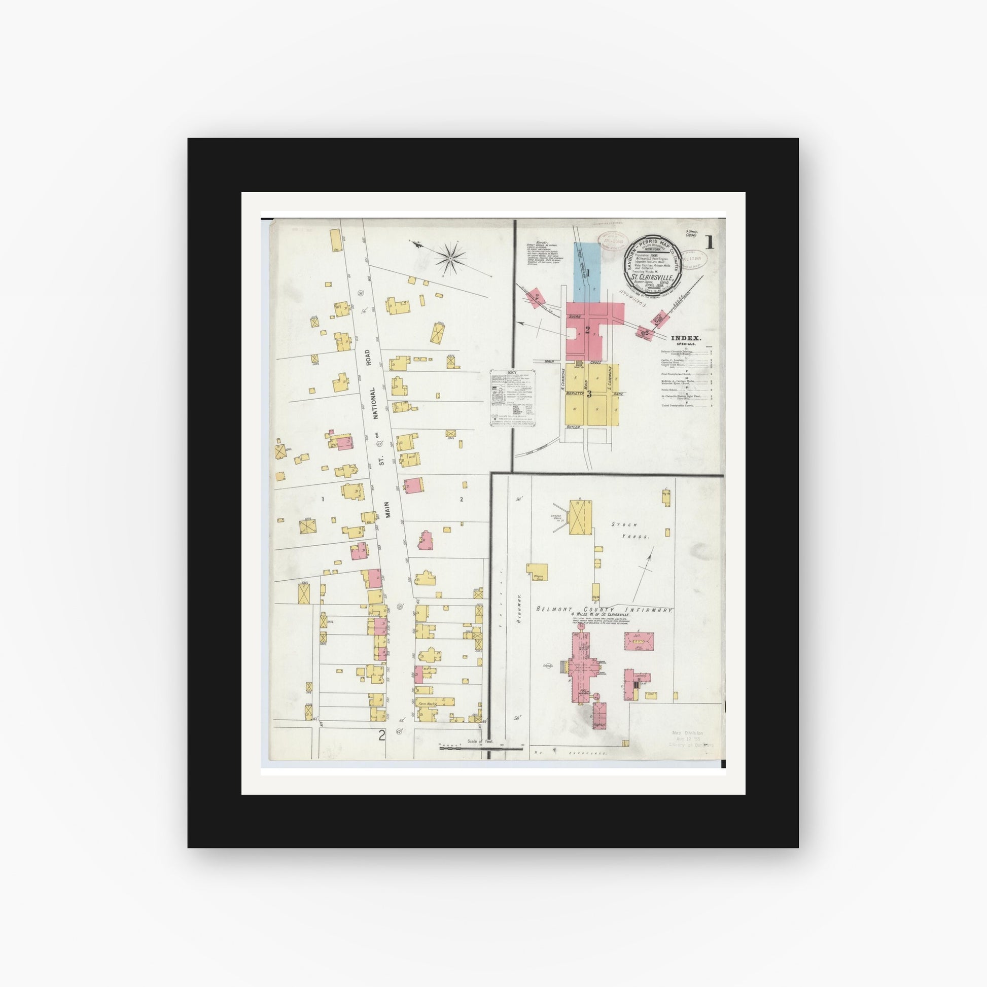 Old map wall art mockup — black gallery frame with white mat — Sanborn Fire Insurance Map from Saint Clairsville, Belmont County, Ohio (1899) - Complete Map Set