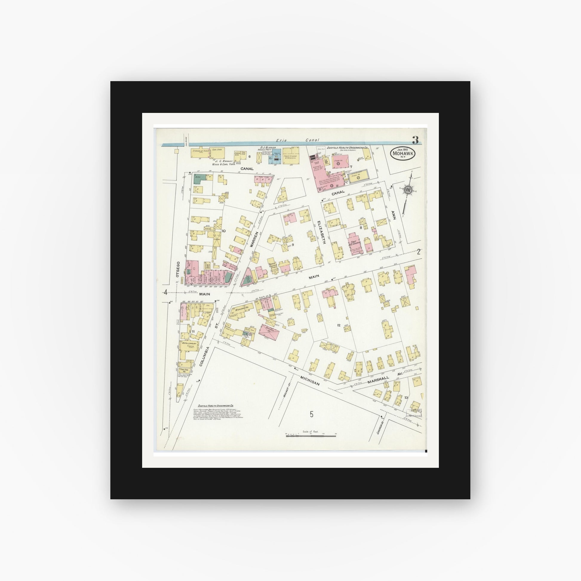 Old map wall art mockup — black gallery frame with white mat — Sanborn Fire Insurance Map from Mohawk, Herkimer County, New York (1910), Sheet #0003