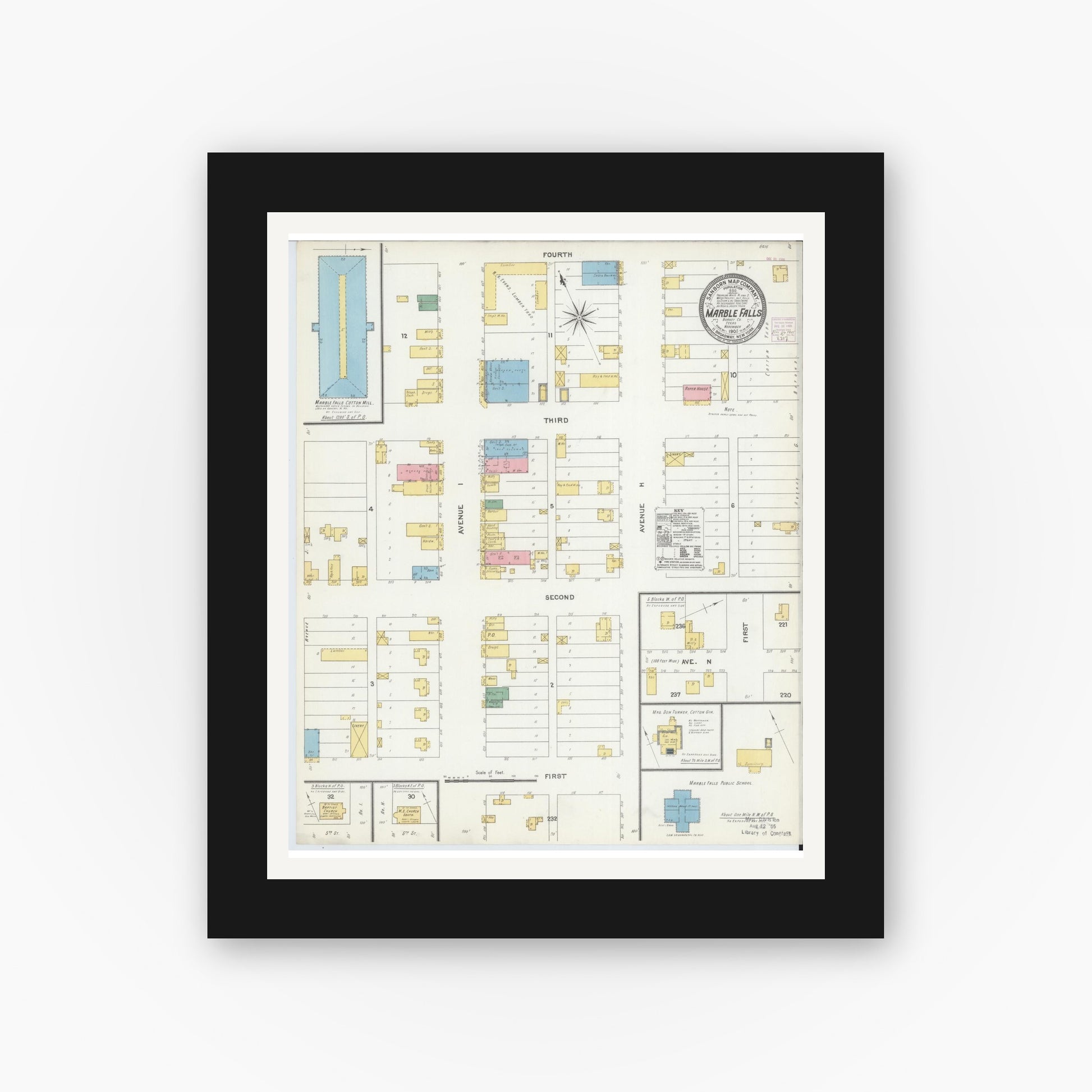 Old map wall art mockup — black gallery frame with white mat — Sanborn Fire Insurance Map from Marble Falls, Burnet County, Texas (1905), Sheet #0001
