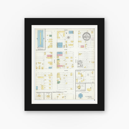 Old map wall art mockup — black gallery frame with white mat — Sanborn Fire Insurance Map from Marble Falls, Burnet County, Texas (1905), Sheet #0001