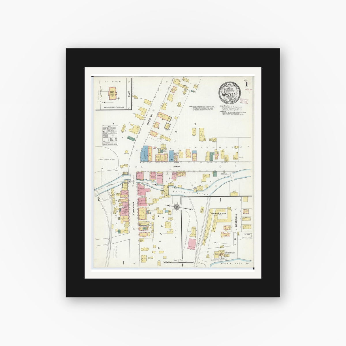 Old map wall art mockup — black gallery frame with white mat — Sanborn Fire Insurance Map from Montello, Marquette County, Wisconsin (1909) - Complete Map Set