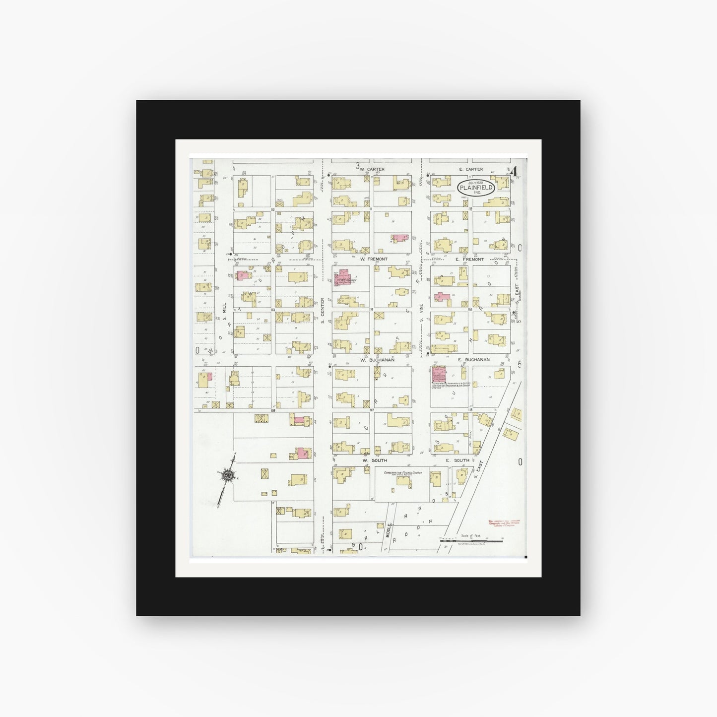 Old map wall art mockup — black gallery frame with white mat — Sanborn Fire Insurance Map from Plainfield, Hendricks County, Indiana (1920), Sheet #0004
