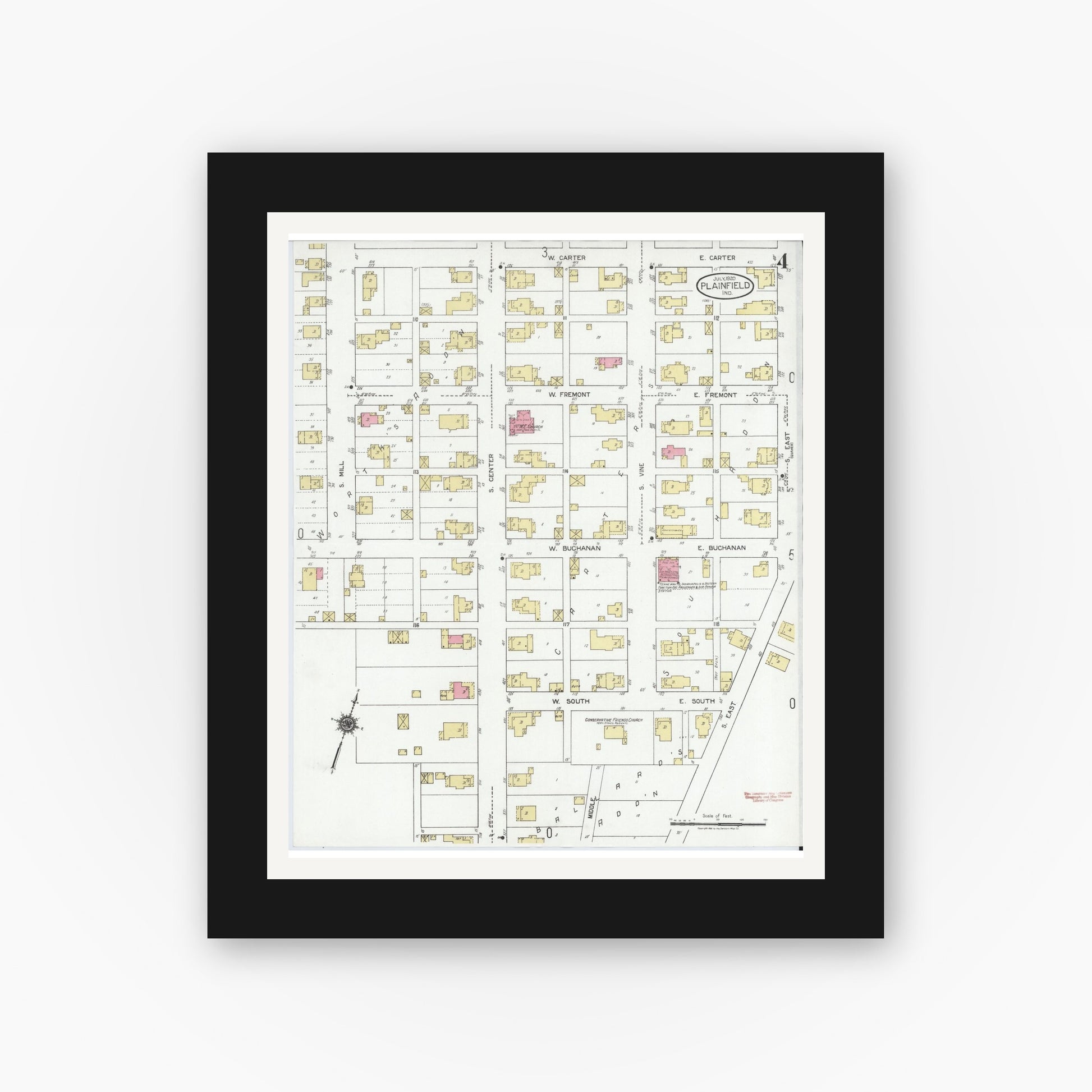 Old map wall art mockup — black gallery frame with white mat — Sanborn Fire Insurance Map from Plainfield, Hendricks County, Indiana (1920), Sheet #0004