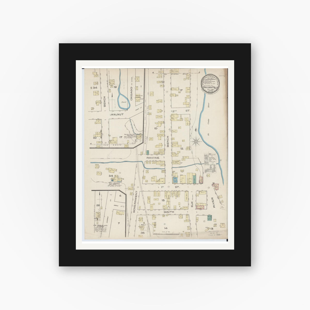 Old map wall art mockup — black gallery frame with white mat — Sanborn Fire Insurance Map from Taylors Falls, Chisago County, Minnesota (1885), Sheet #0001