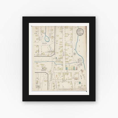Old map wall art mockup — black gallery frame with white mat — Sanborn Fire Insurance Map from Taylors Falls, Chisago County, Minnesota (1885), Sheet #0001