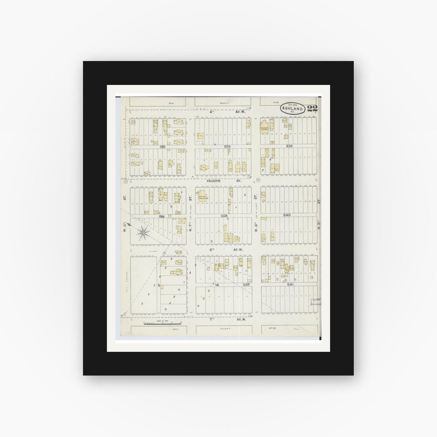 Old map wall art mockup — black gallery frame with white mat — Sanborn Fire Insurance Map from Ashland, Ashland County, Wisconsin (1890), Sheet #0022