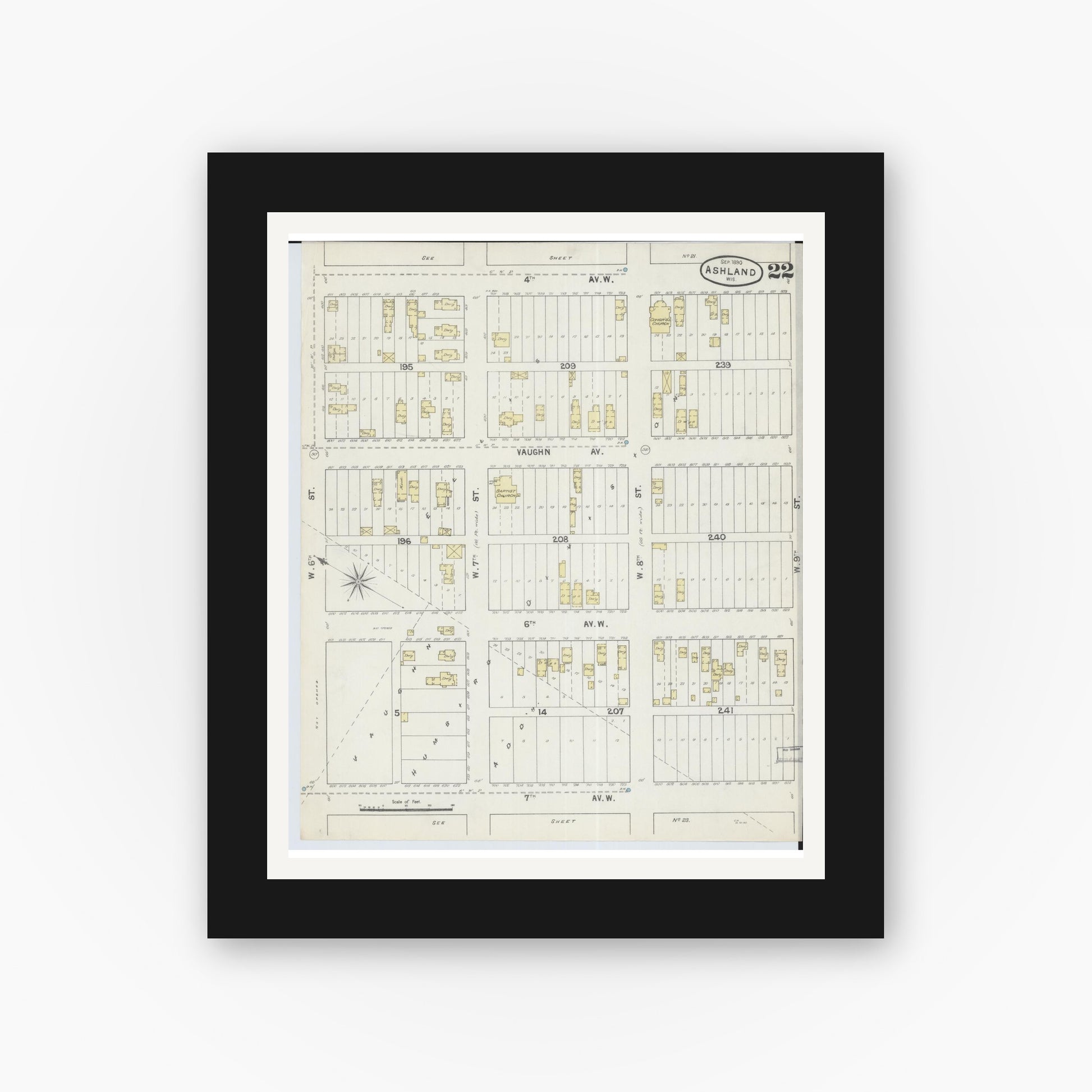 Old map wall art mockup — black gallery frame with white mat — Sanborn Fire Insurance Map from Ashland, Ashland County, Wisconsin (1890), Sheet #0022