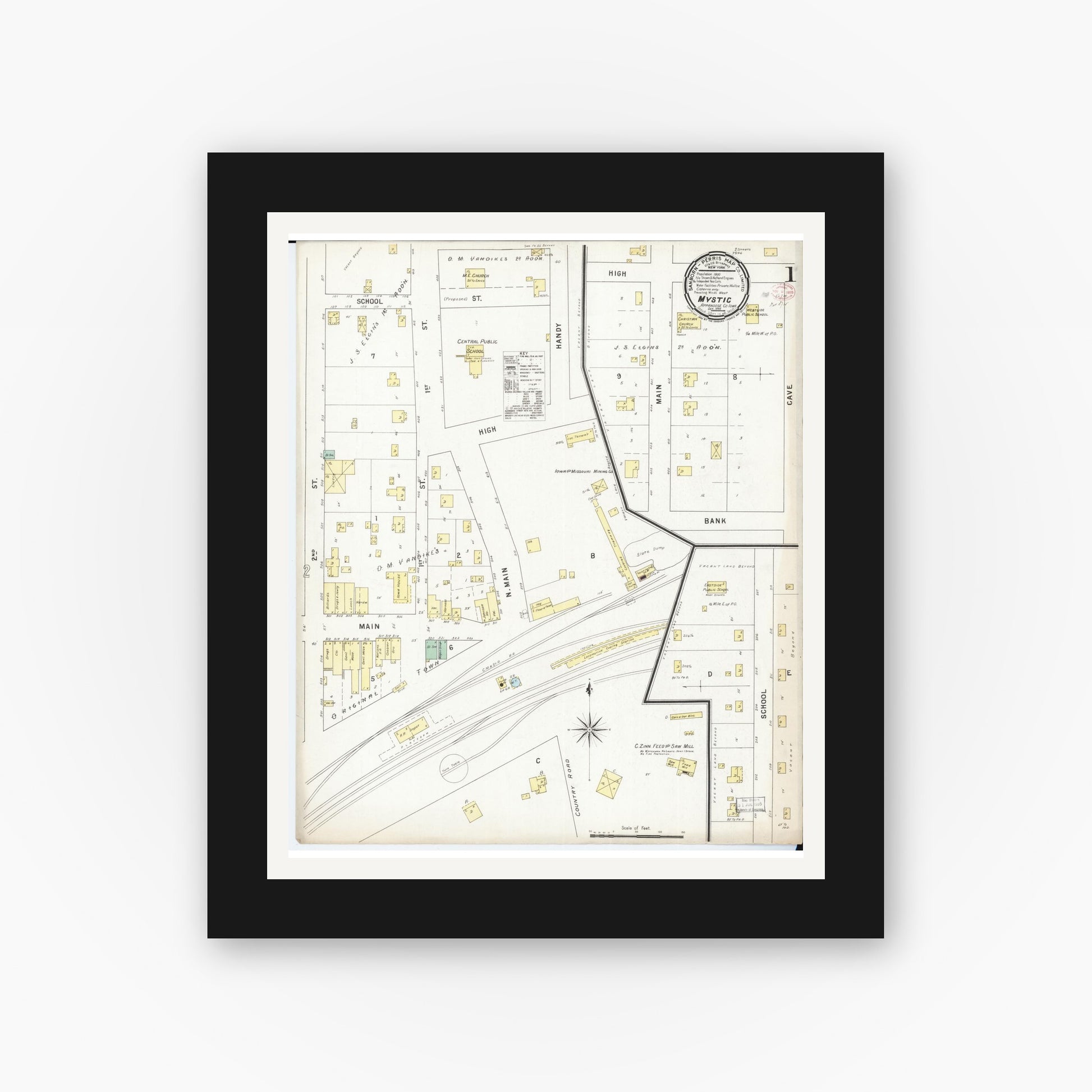 Old map wall art mockup — black gallery frame with white mat — Sanborn Fire Insurance Map from Mystic, Appanoose County, Iowa (1895), Sheet #0001