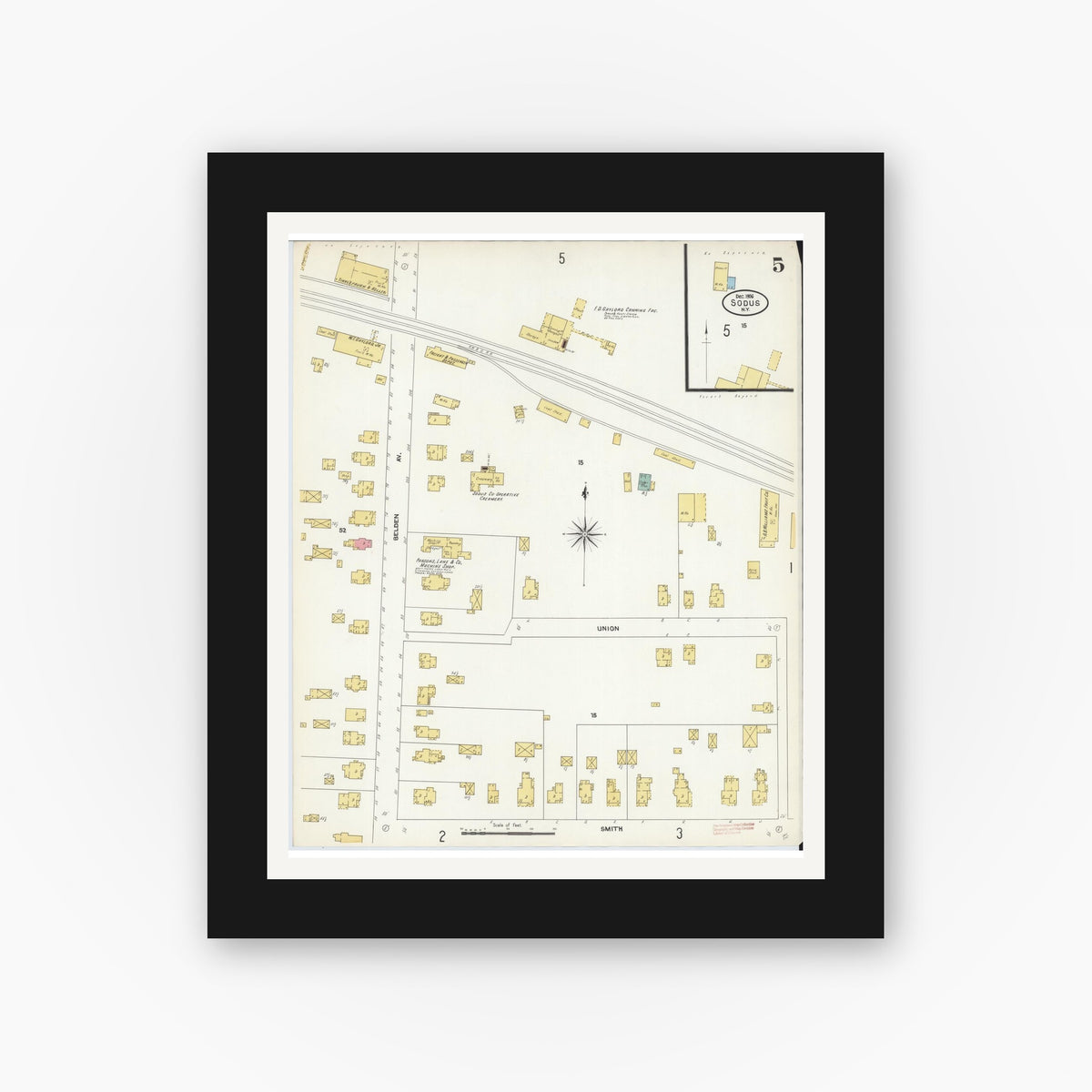 Old map wall art mockup — black gallery frame with white mat — Sanborn Fire Insurance Map from Sodus, Wayne County, New York (1906), Sheet #0005