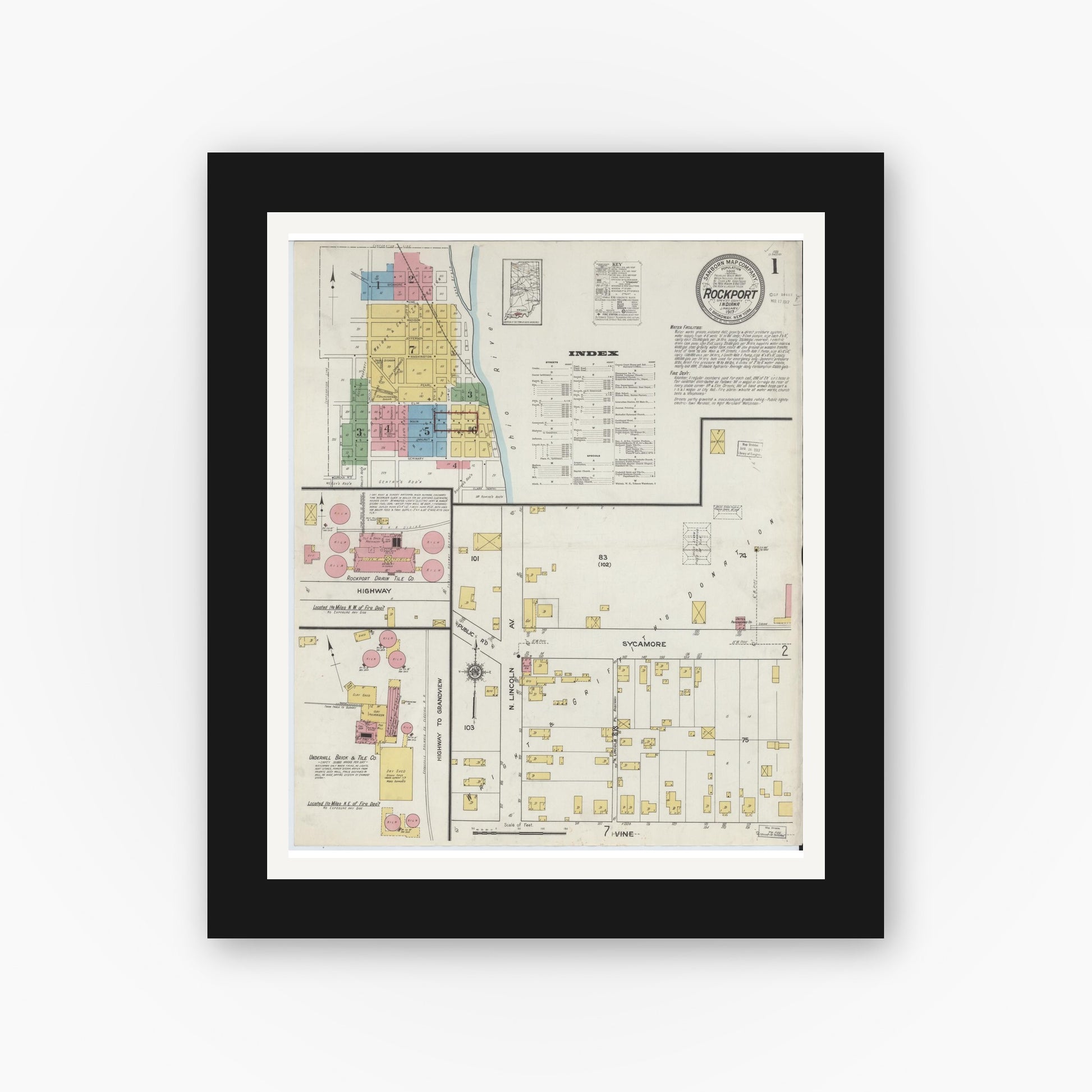 Old map wall art mockup — black gallery frame with white mat — Sanborn Fire Insurance Map from Rockport, Spencer County, Indiana (1917) - Complete Map Set