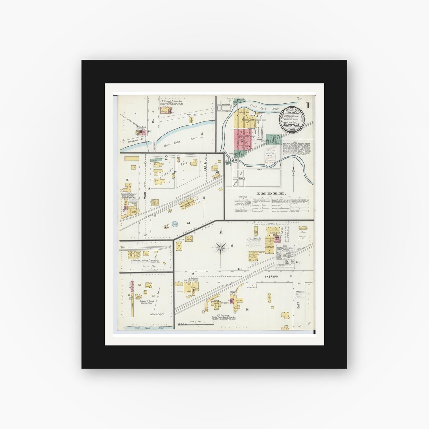Old map wall art mockup — black gallery frame with white mat — Sanborn Fire Insurance Map from Nashville, Barry County, Michigan (1900) - Complete Map Set