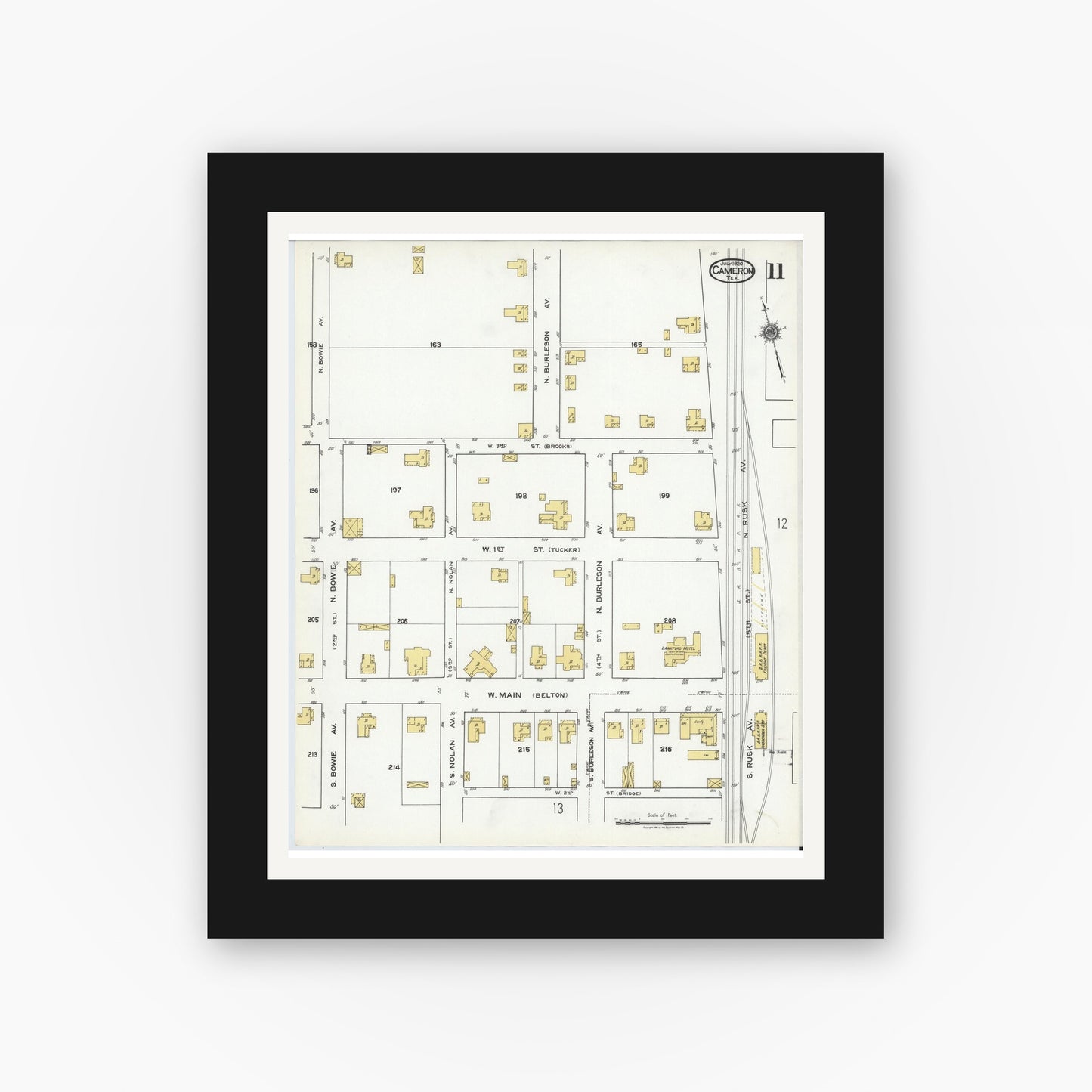 Old map wall art mockup — black gallery frame with white mat — Sanborn Fire Insurance Map from Cameron, Milam County, Texas (1920), Sheet #0011