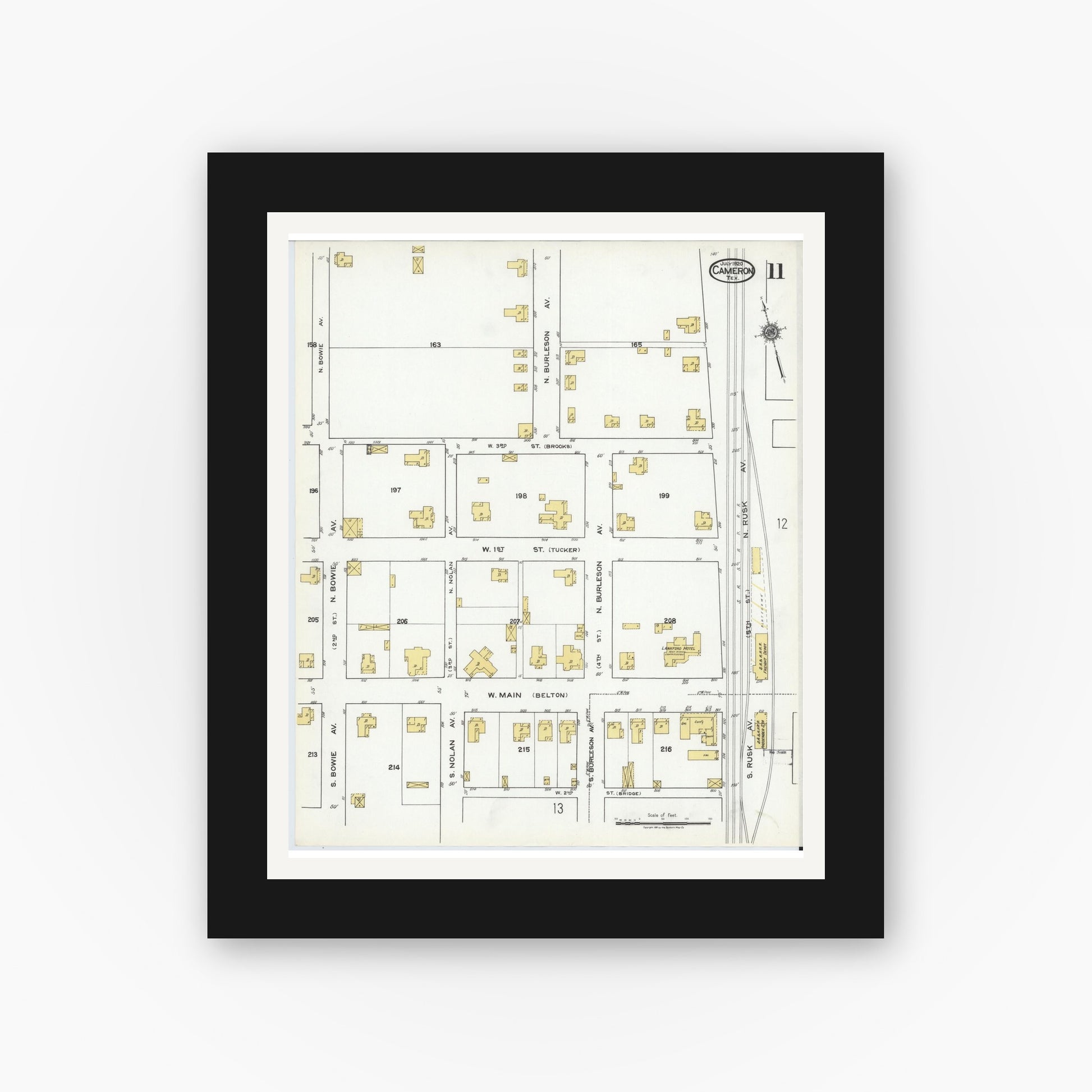 Old map wall art mockup — black gallery frame with white mat — Sanborn Fire Insurance Map from Cameron, Milam County, Texas (1920), Sheet #0011