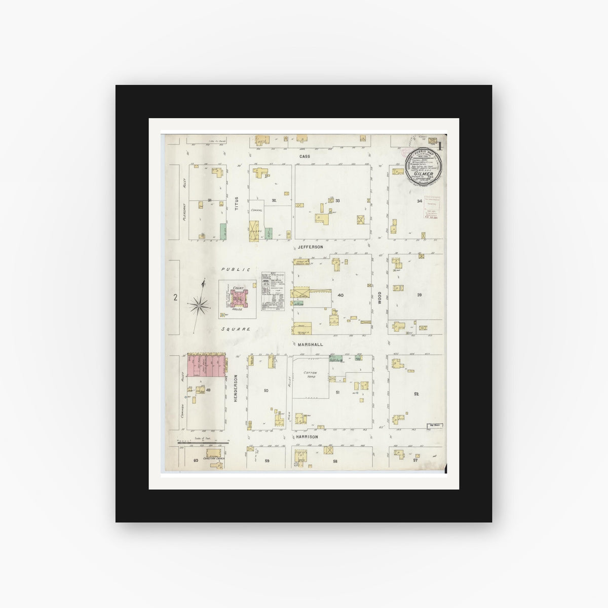 Old map wall art mockup — black gallery frame with white mat — Sanborn Fire Insurance Map from Gilmer, Upshur County, Texas (1896) - Complete Map Set
