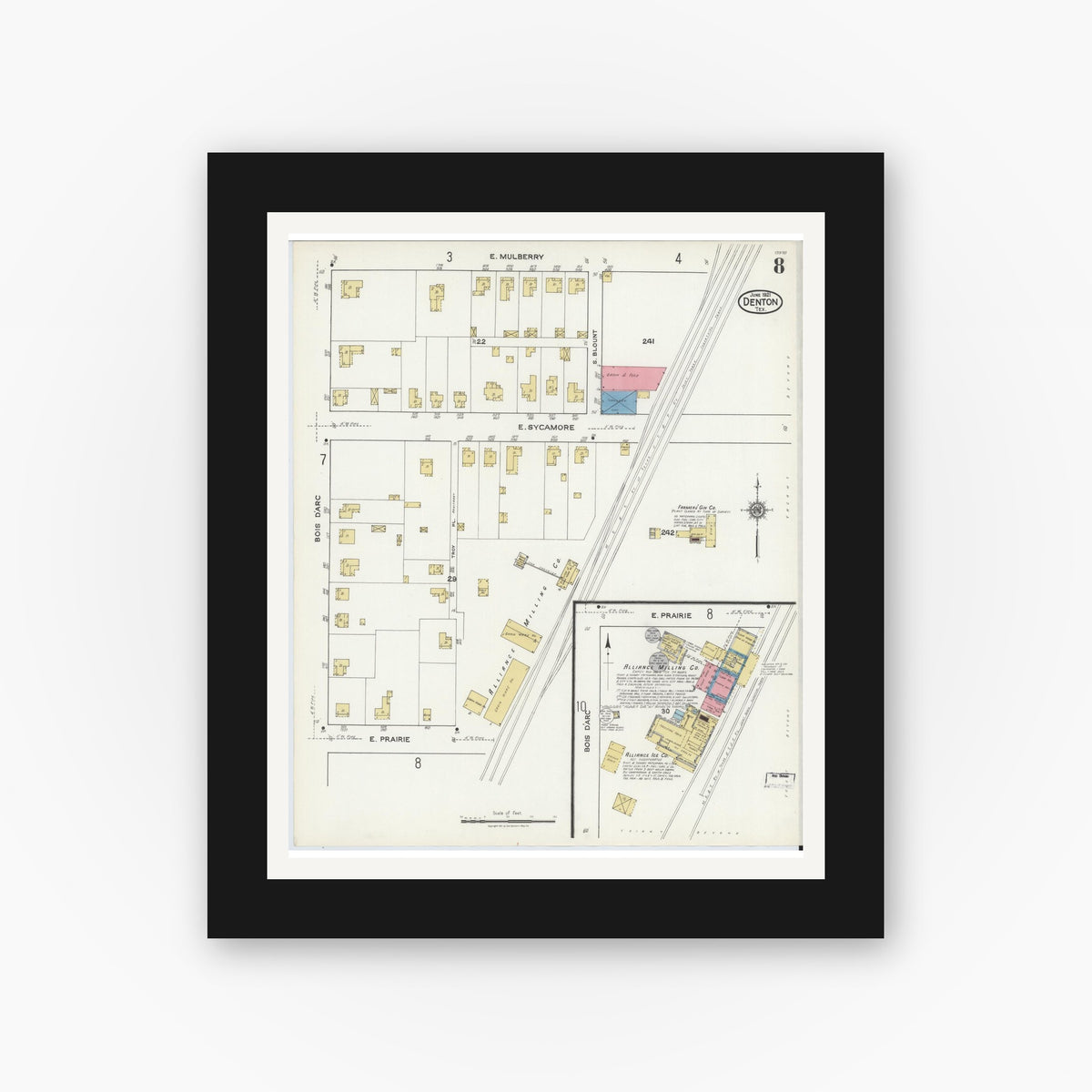 Old map wall art mockup — black gallery frame with white mat — Sanborn Fire Insurance Map from Denton, Denton County, Texas (1921), Sheet #0008