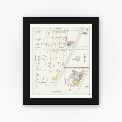 Old map wall art mockup — black gallery frame with white mat — Sanborn Fire Insurance Map from Denton, Denton County, Texas (1921), Sheet #0008