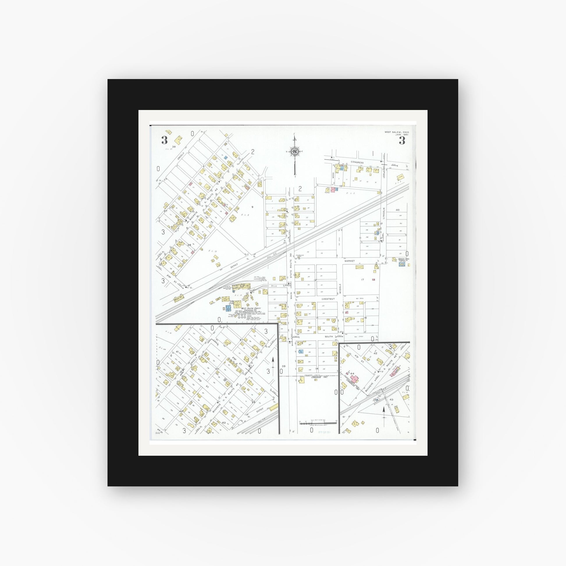 Old map wall art mockup — black gallery frame with white mat — Sanborn Fire Insurance Map from West Salem, Wayne County, Ohio (1951), Sheet #0003
