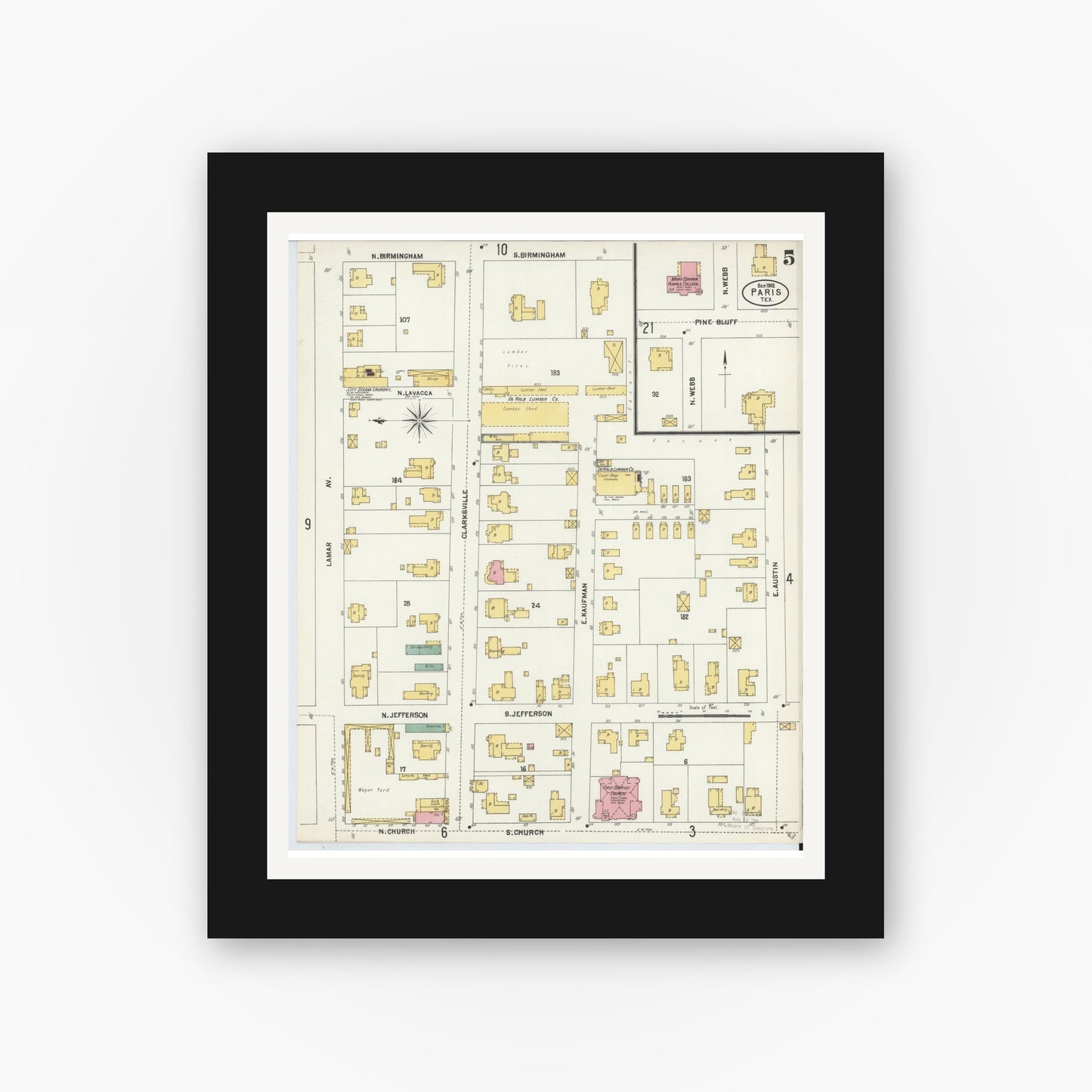 Old map wall art mockup — black gallery frame with white mat — Sanborn Fire Insurance Map from Paris, Lamar County, Texas (1902), Sheet #0005