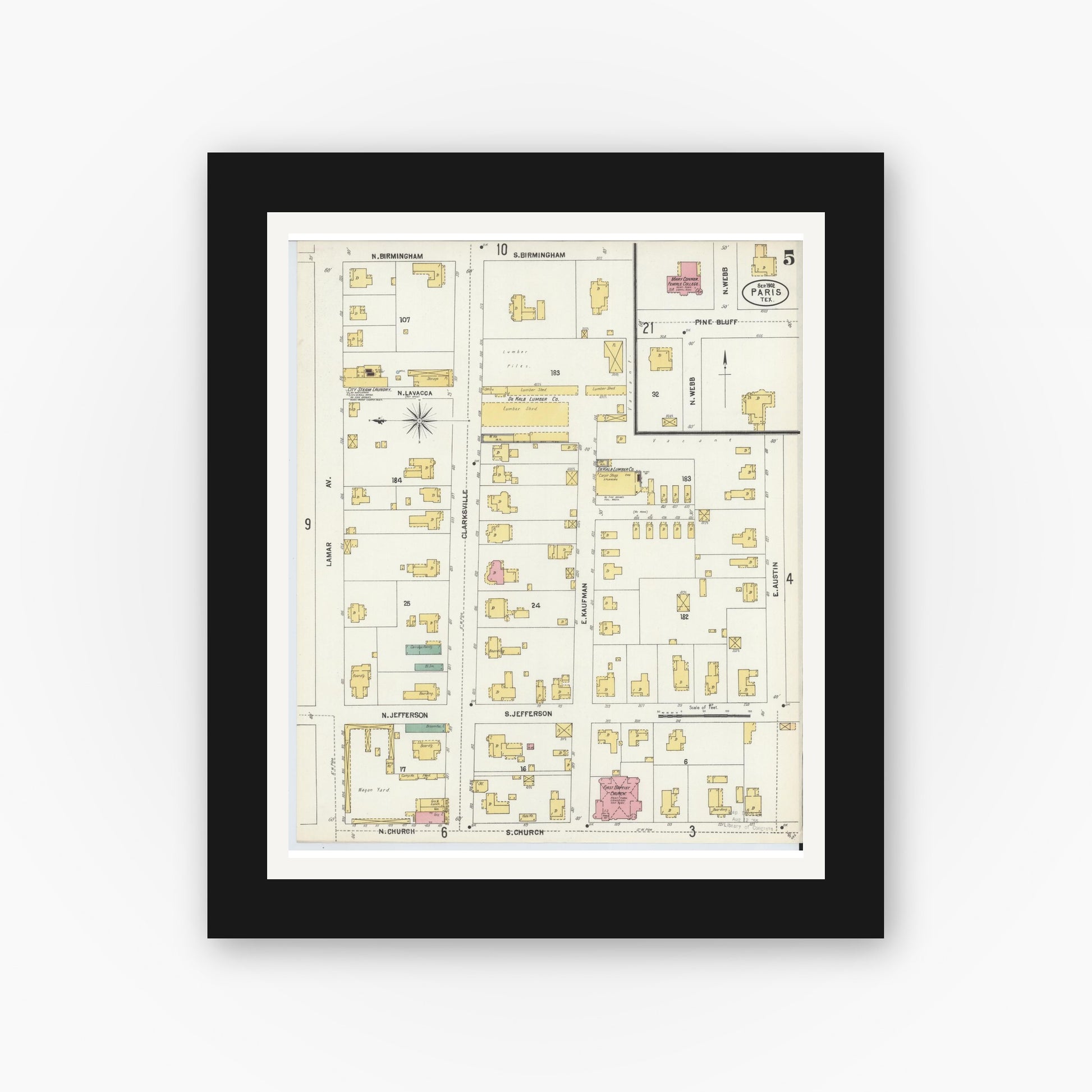 Old map wall art mockup — black gallery frame with white mat — Sanborn Fire Insurance Map from Paris, Lamar County, Texas (1902), Sheet #0005