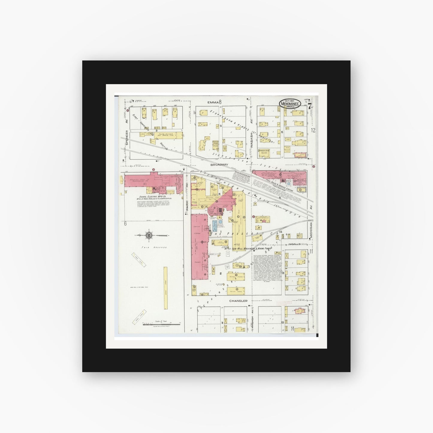 Old map wall art mockup — black gallery frame with white mat — Sanborn Fire Insurance Map from Menominee, Menominee County, Michigan (1921), Sheet #0007