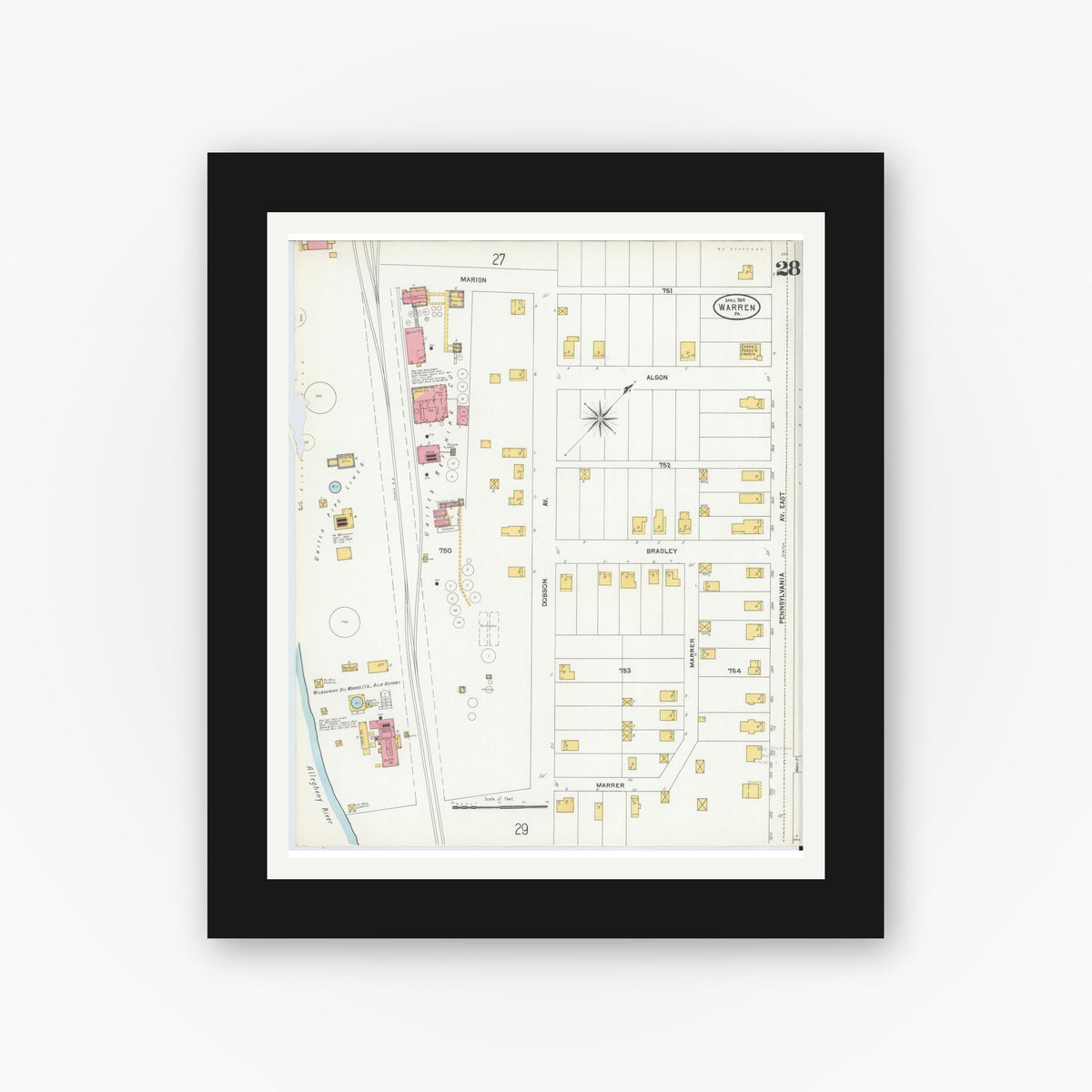 Old map wall art mockup — black gallery frame with white mat — Sanborn Fire Insurance Map from Warren, Warren County, Pennsylvania (1904), Sheet #0028
