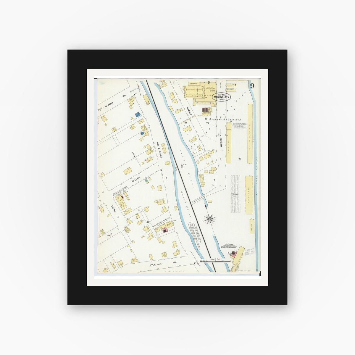 Old map wall art mockup — black gallery frame with white mat — Sanborn Fire Insurance Map from Marine City, Saint Clair County, Michigan (1907), Sheet #0009