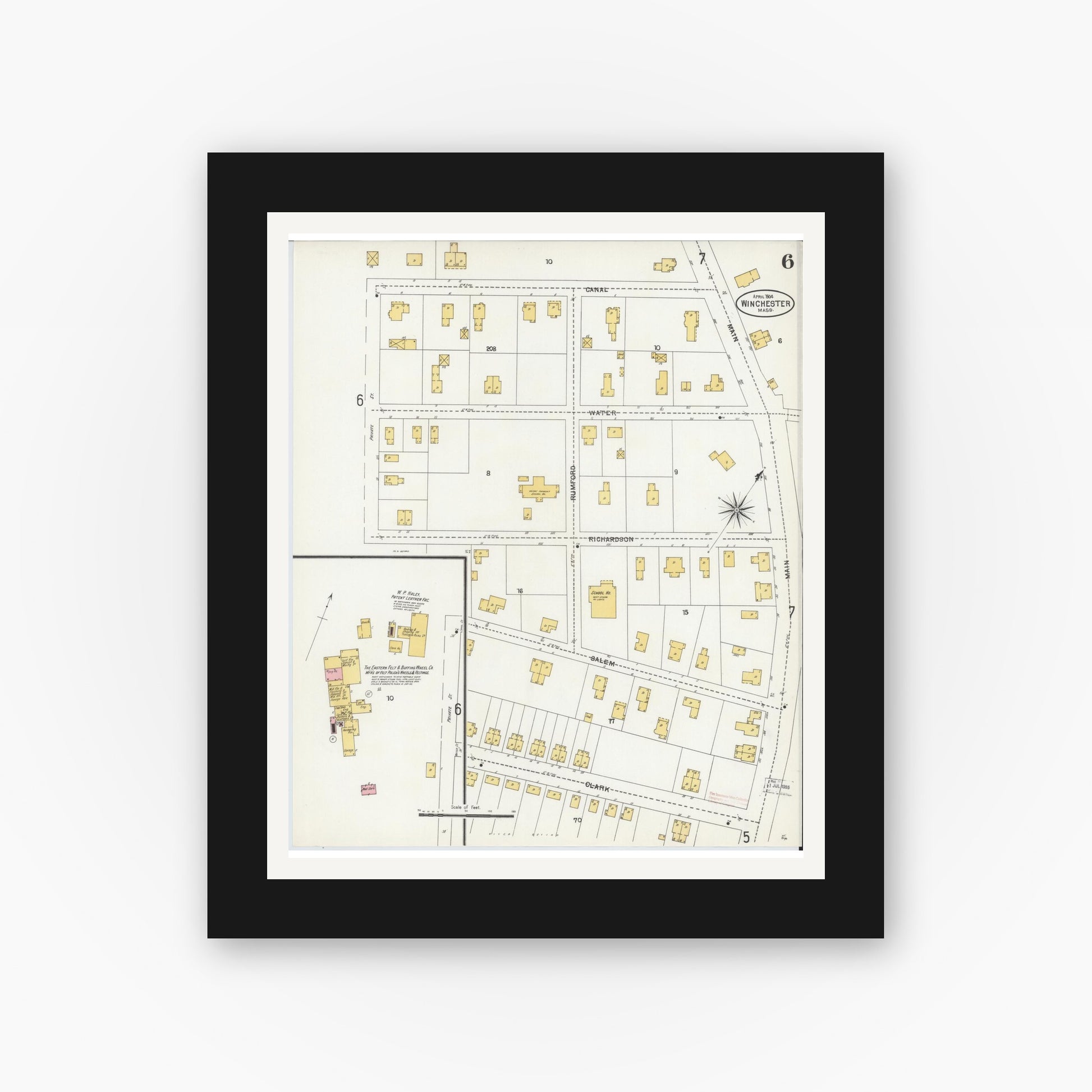 Old map wall art mockup — black gallery frame with white mat — Sanborn Fire Insurance Map from Winchester, Middlesex County, Massachusetts (1904), Sheet #0006