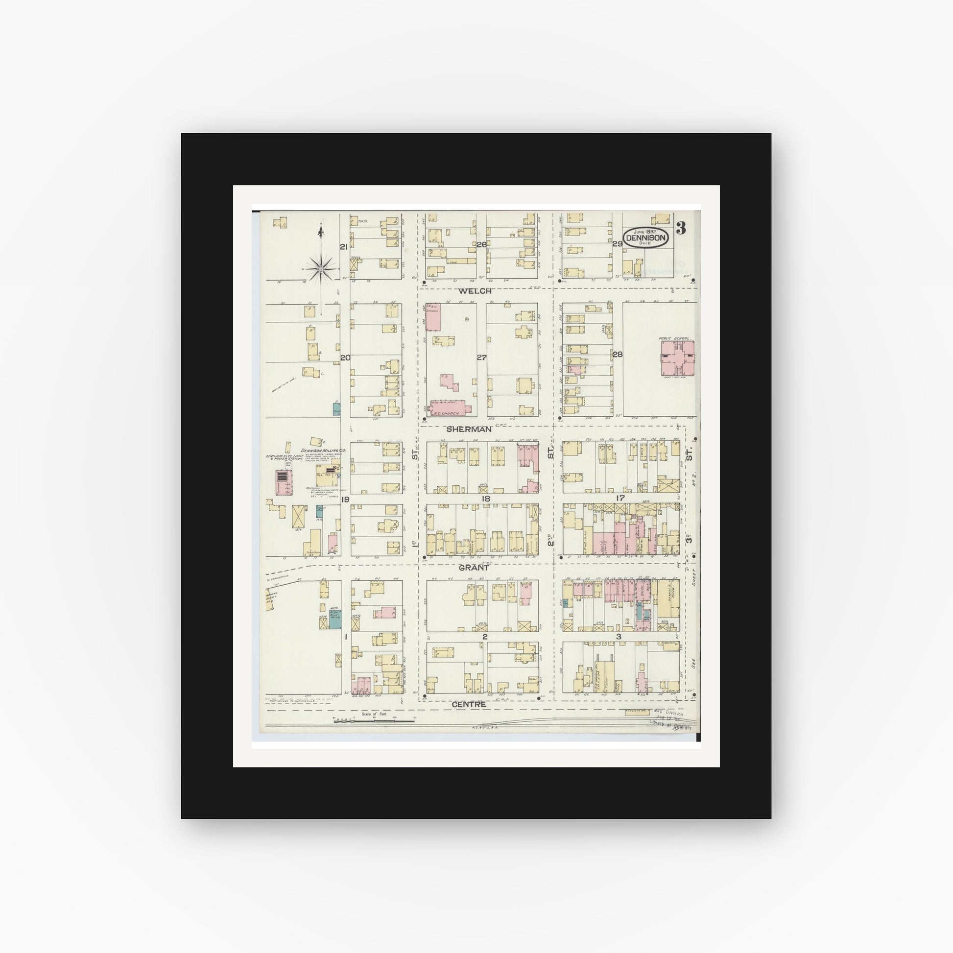 Old map wall art mockup — black gallery frame with white mat — Sanborn Fire Insurance Map from Dennison, Tuscarawas County, Ohio (1892), Sheet #0003