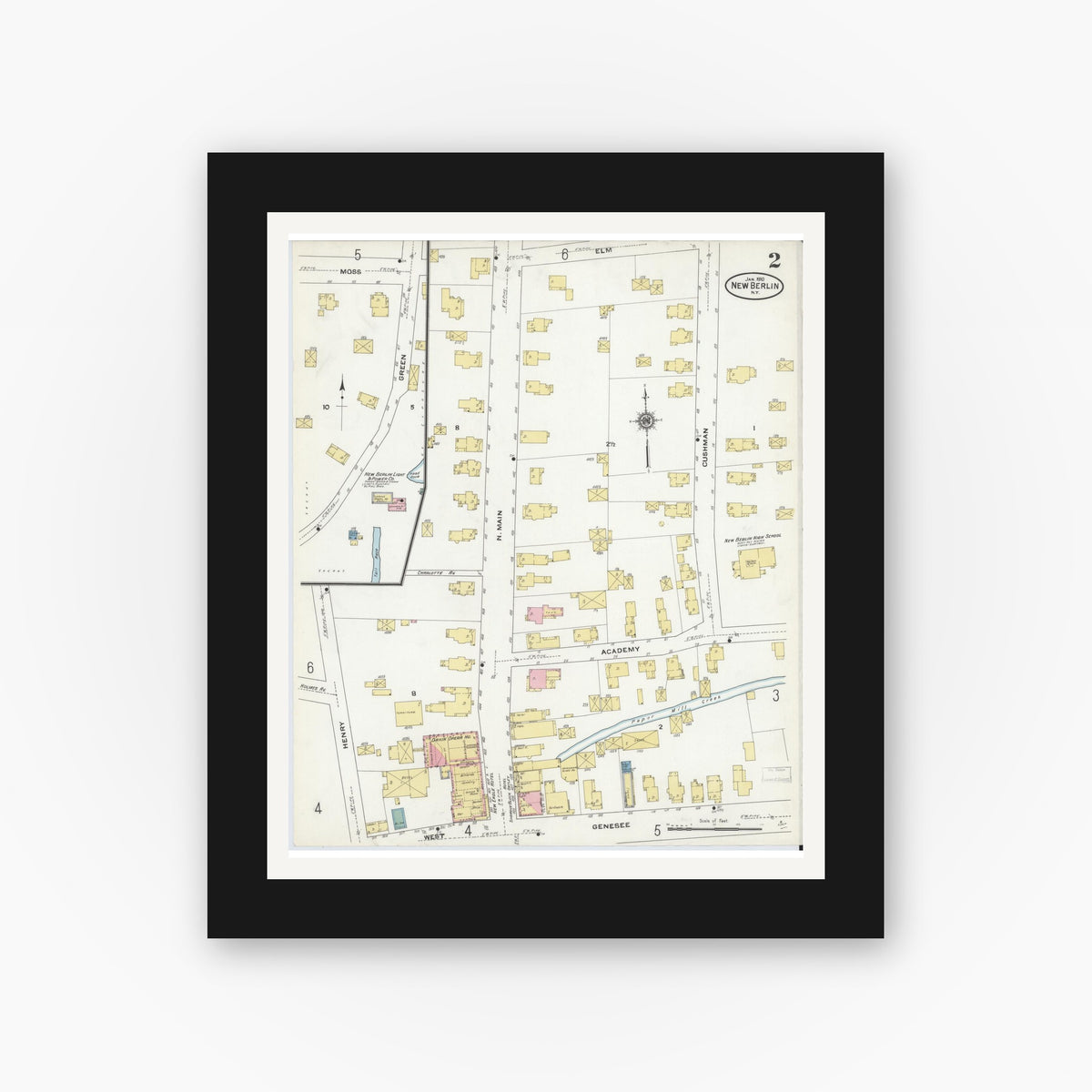 Old map wall art mockup — black gallery frame with white mat — Sanborn Fire Insurance Map from New Berlin, Chenango County, New York (1910), Sheet #0002