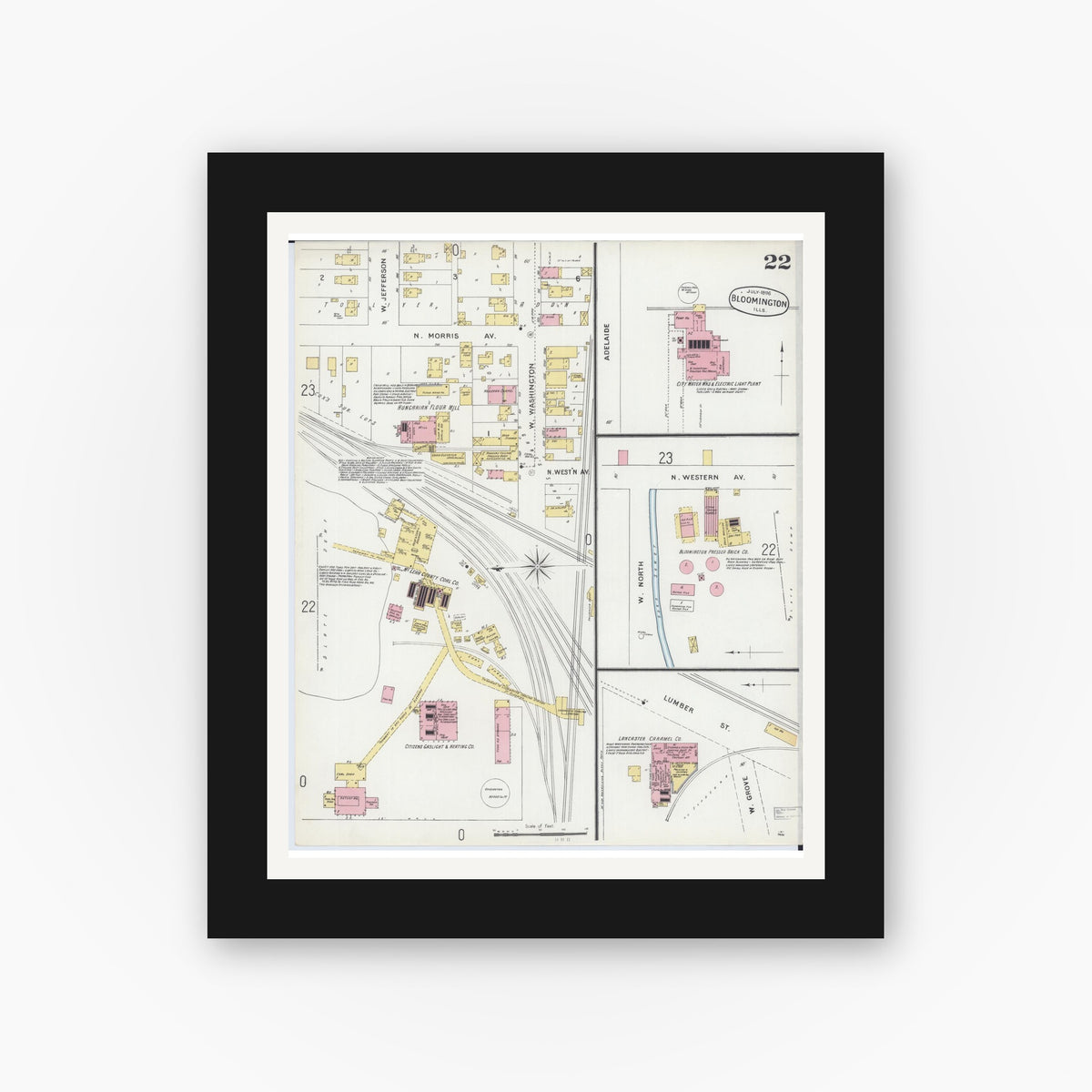 Old map wall art mockup — black gallery frame with white mat — Sanborn Fire Insurance Map from Bloomington, McLean County, Illinois (1896), Sheet #0022