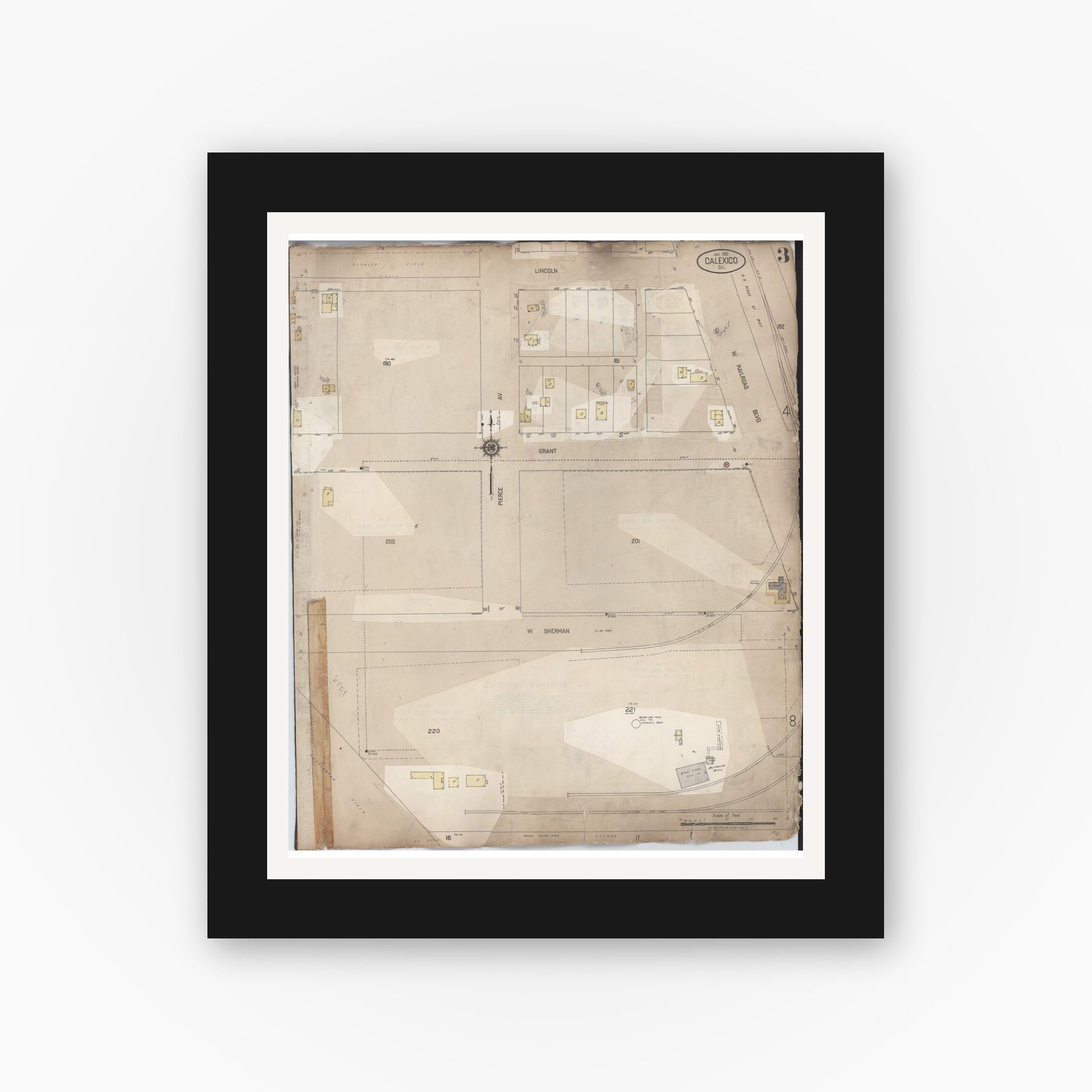 Old map wall art mockup — black gallery frame with white mat — Sanborn Fire Insurance Map from Calexico, Imperial County, California (1956), Sheet #0003