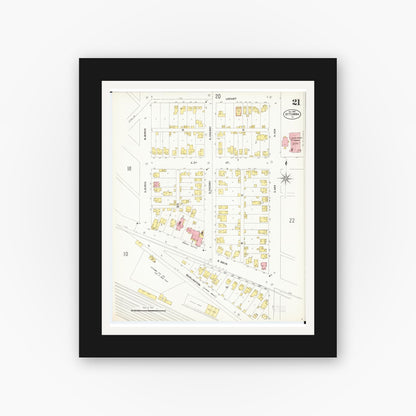Old map wall art mockup — black gallery frame with white mat — Sanborn Fire Insurance Map from Ottumwa, Wapello County, Iowa (1902), Sheet #0021