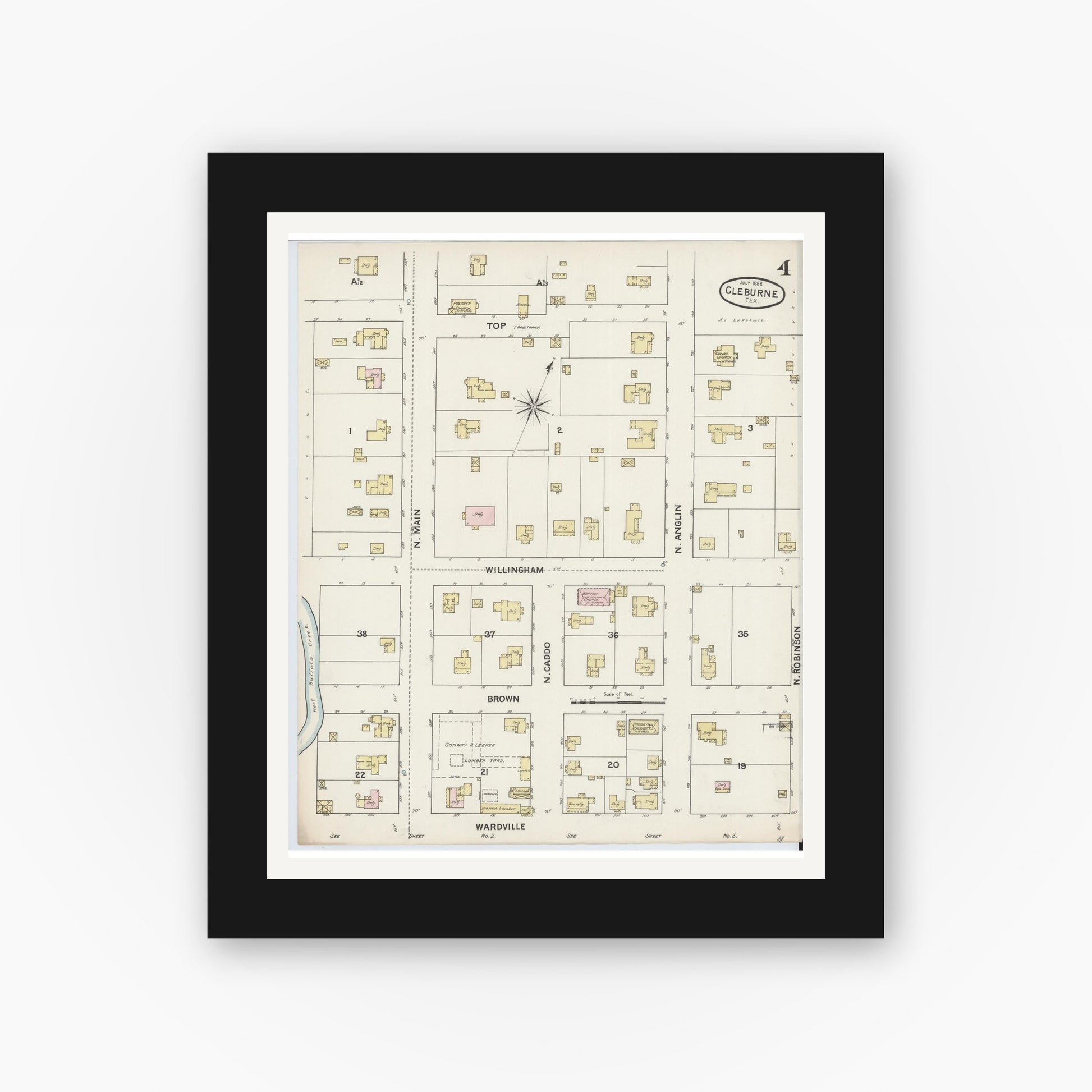 Old map wall art mockup — black gallery frame with white mat — Sanborn Fire Insurance Map from Cleburne, Johnson County, Texas (1888), Sheet #0004