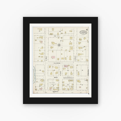 Old map wall art mockup — black gallery frame with white mat — Sanborn Fire Insurance Map from Cleburne, Johnson County, Texas (1888), Sheet #0004