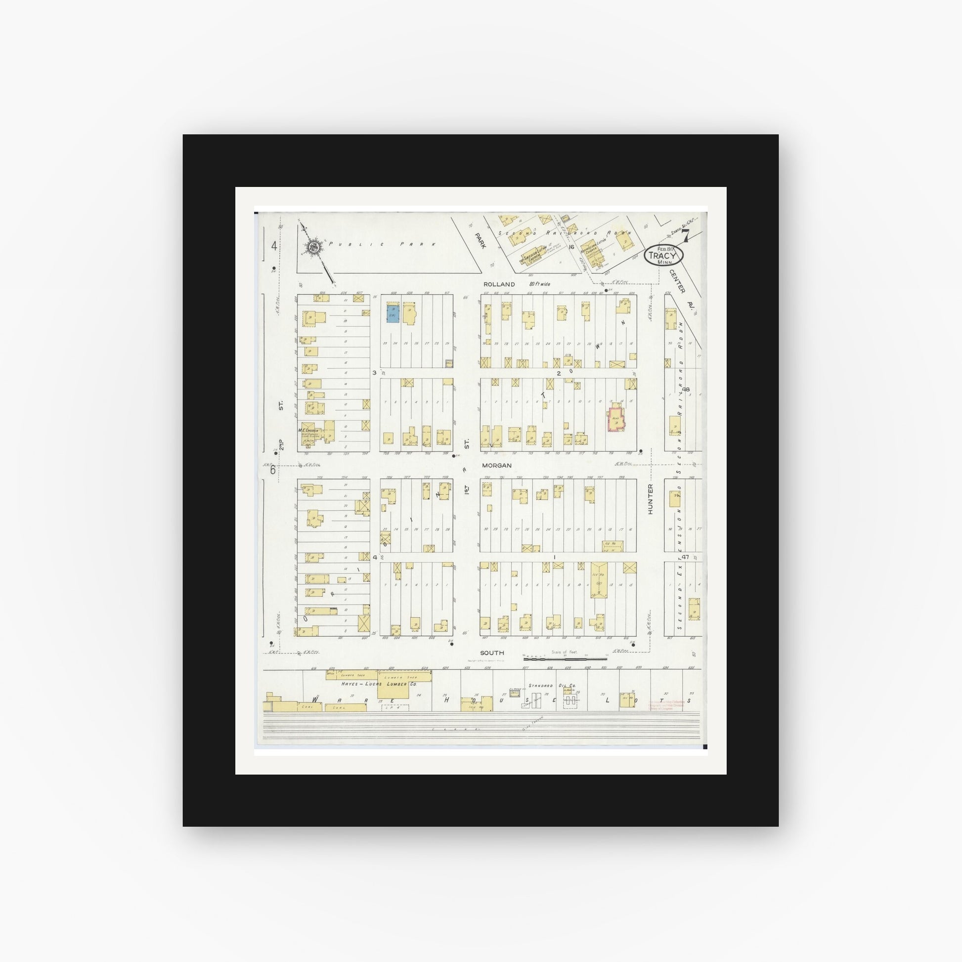 Old map wall art mockup — black gallery frame with white mat — Sanborn Fire Insurance Map from Tracy, Lyon County, Minnesota (1917), Sheet #0007