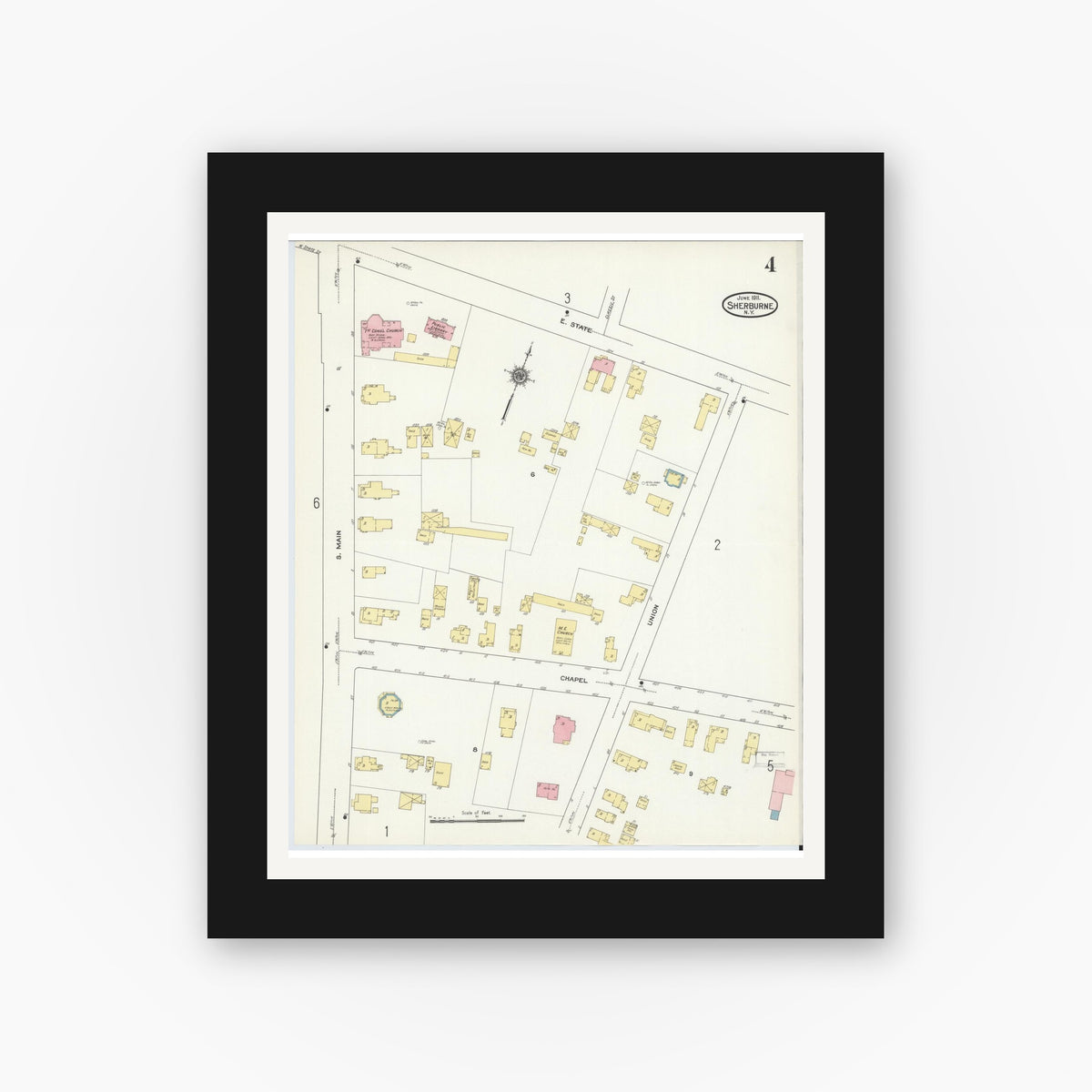 Old map wall art mockup — black gallery frame with white mat — Sanborn Fire Insurance Map from Sherburne, Chenango County, New York (1911), Sheet #0004