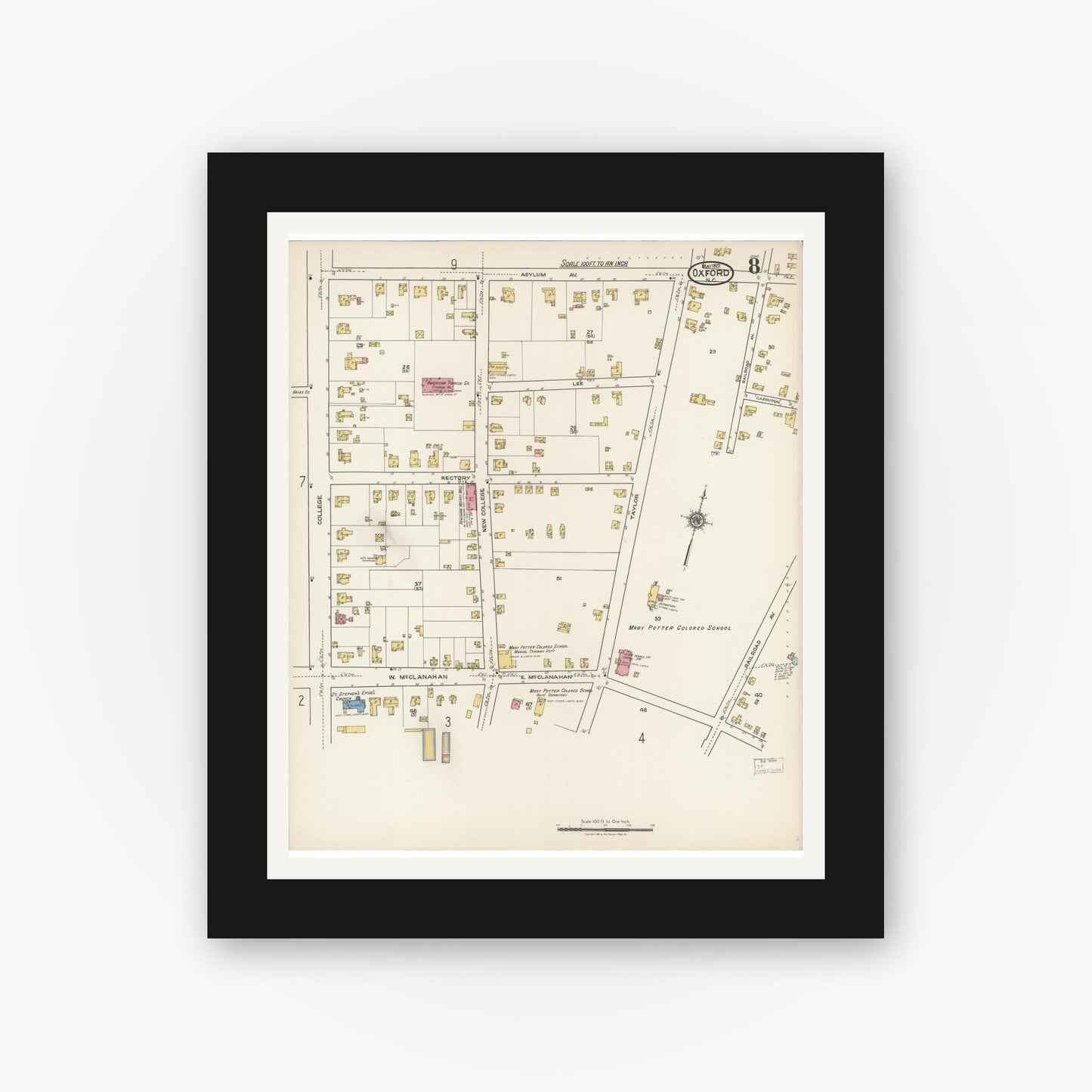 Old map wall art mockup — black gallery frame with white mat — Sanborn Fire Insurance Map from Oxford, Granville County, North Carolina (1922), Sheet #0008
