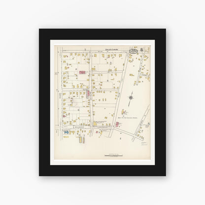 Old map wall art mockup — black gallery frame with white mat — Sanborn Fire Insurance Map from Oxford, Granville County, North Carolina (1922), Sheet #0008