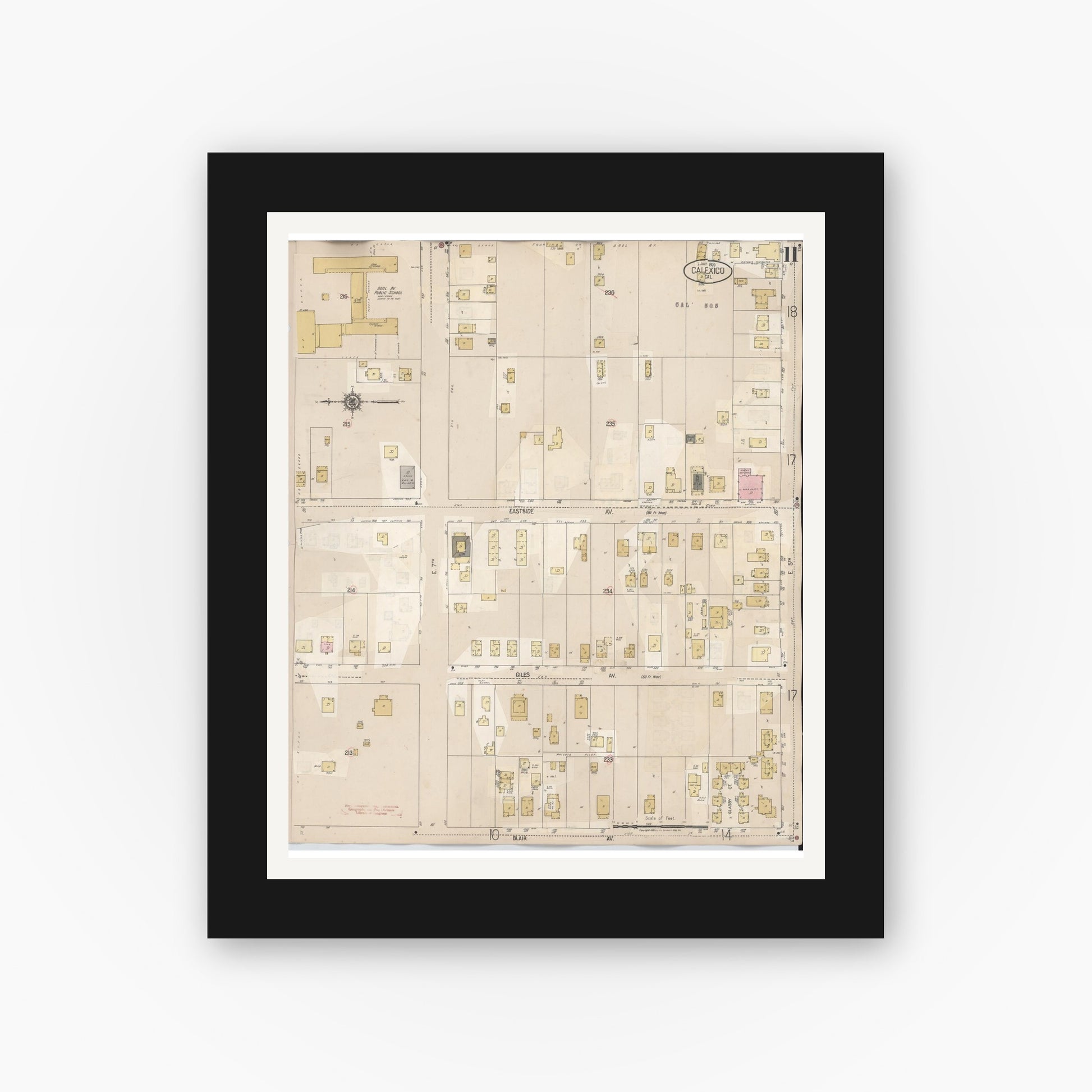 Old map wall art mockup — black gallery frame with white mat — Sanborn Fire Insurance Map from Calexico, Imperial County, California (1949), Sheet #0011