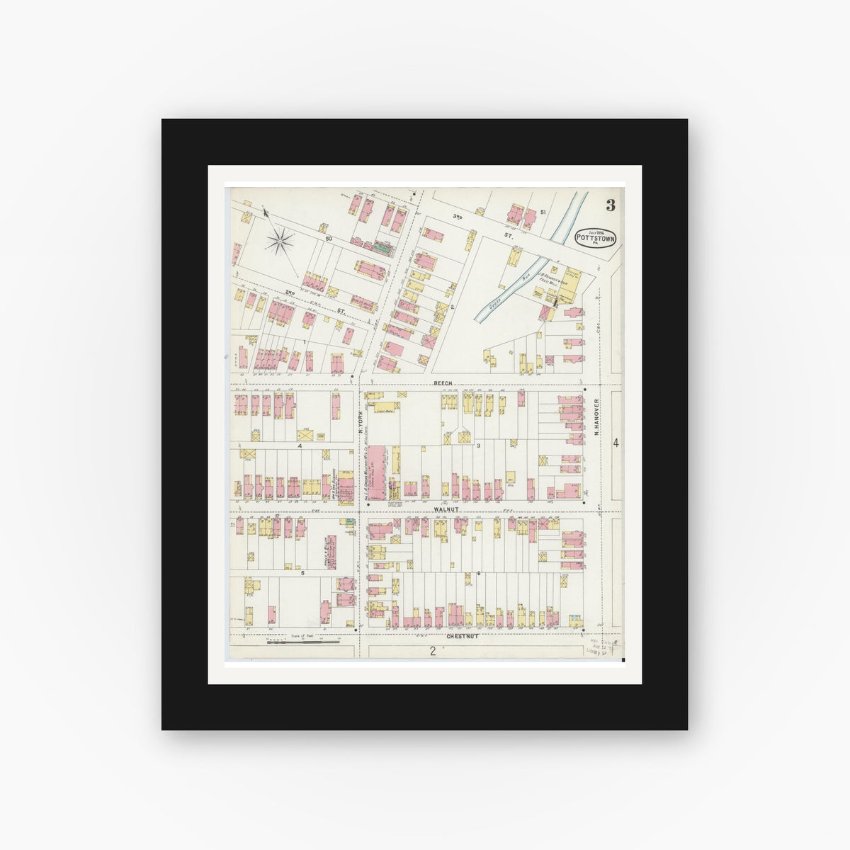 Old map wall art mockup — black gallery frame with white mat — Sanborn Fire Insurance Map from Pottstown, Montgomery County, Pennsylvania (1896), Sheet #0003