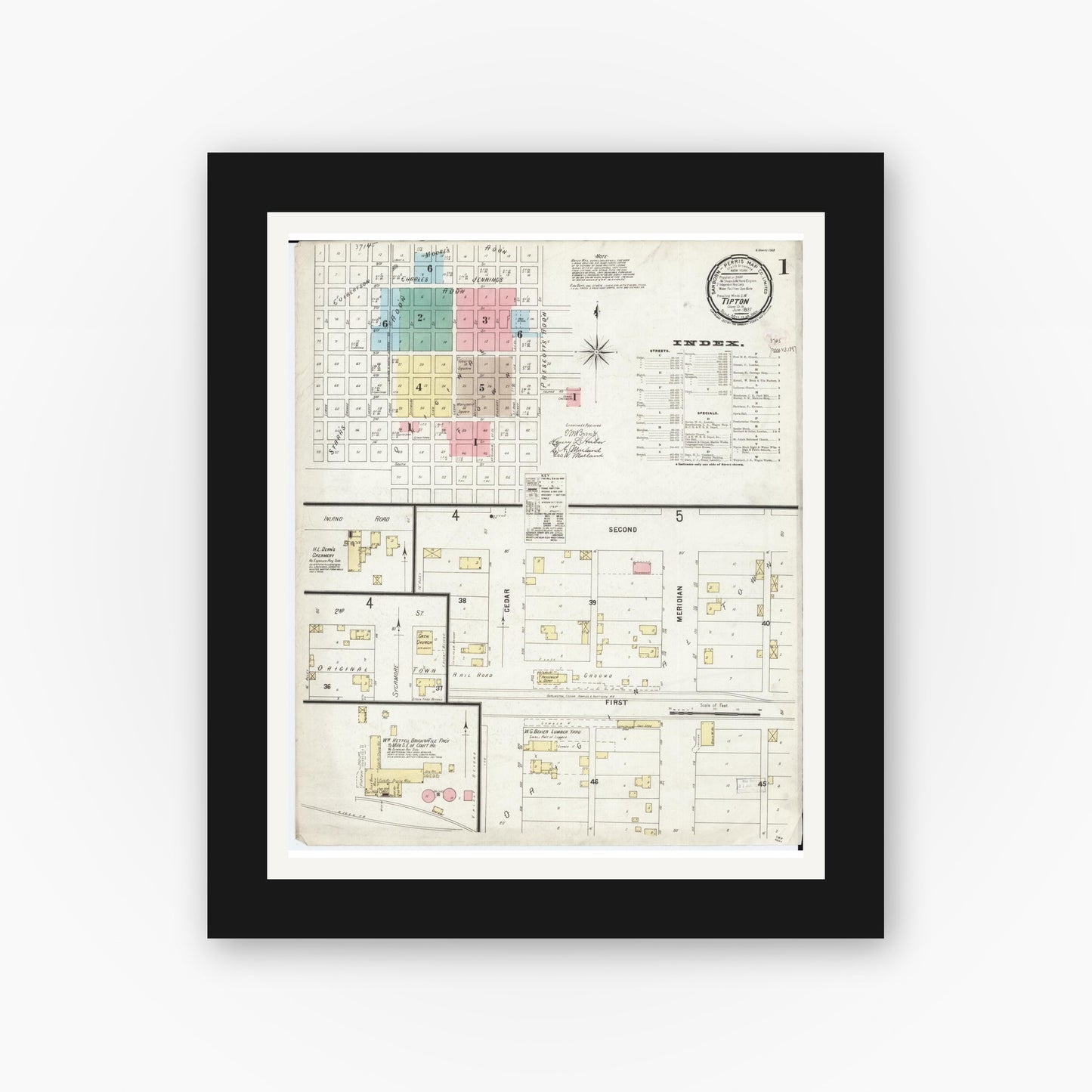Old map wall art mockup — black gallery frame with white mat — Sanborn Fire Insurance Map from Tipton, Cedar County, Iowa (1897), Sheet #0001