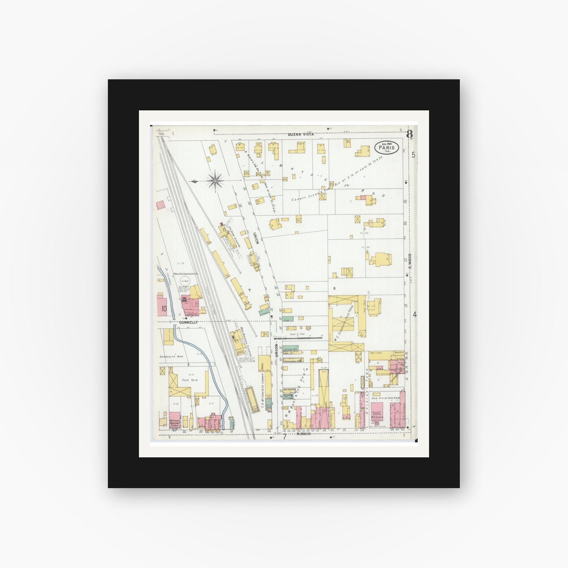 Old map wall art mockup — black gallery frame with white mat — Sanborn Fire Insurance Map from Paris, Edgar County, Illinois (1900), Sheet #0008